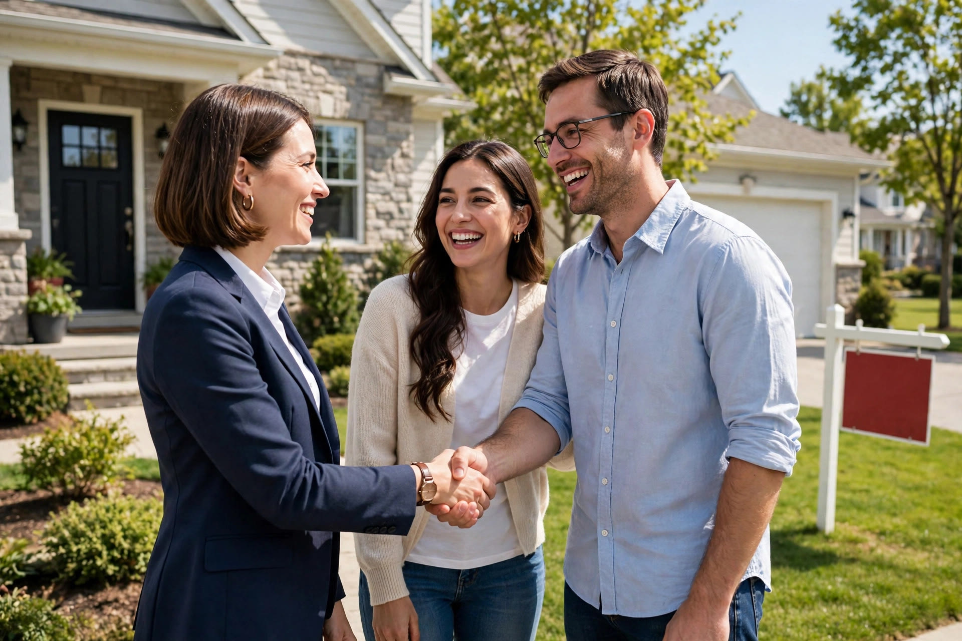 How Follow-Up Automation Turns Real Estate Leads Into Closings Real estate agent greeting a couple outside a home with a sold sign nearby