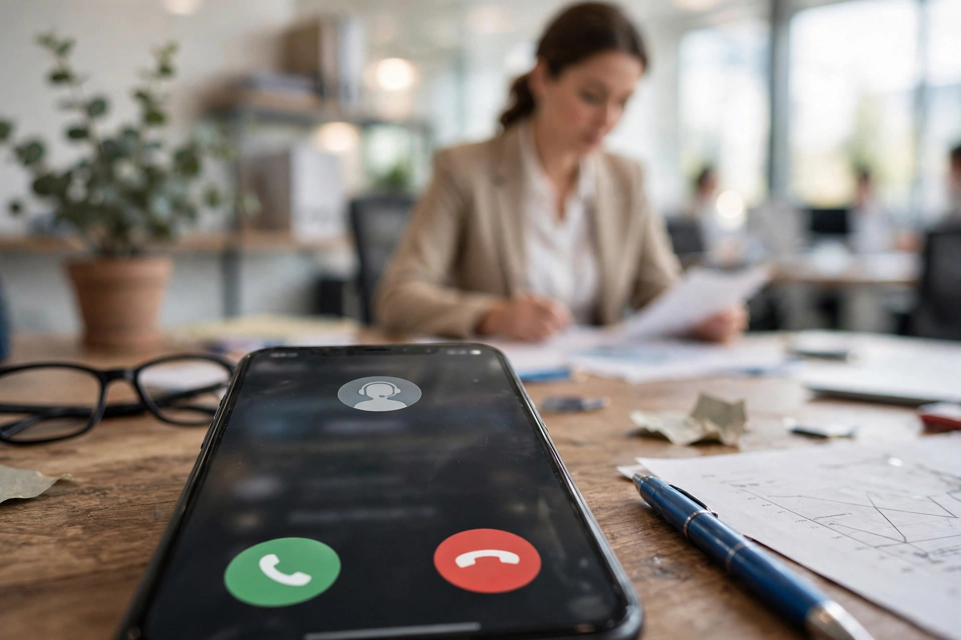 How Follow-Up Automation Turns Real Estate Leads Into Closings Smartphone on a desk showing a new lead call alert while an agent works in the background
