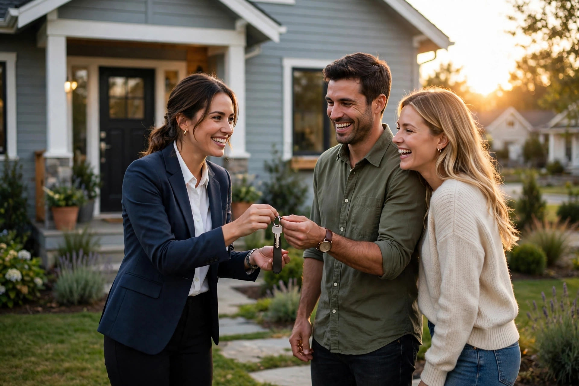 How Follow-Up Automation Turns Real Estate Leads Into Closings Agent handing house keys to happy buyers in front of their new home