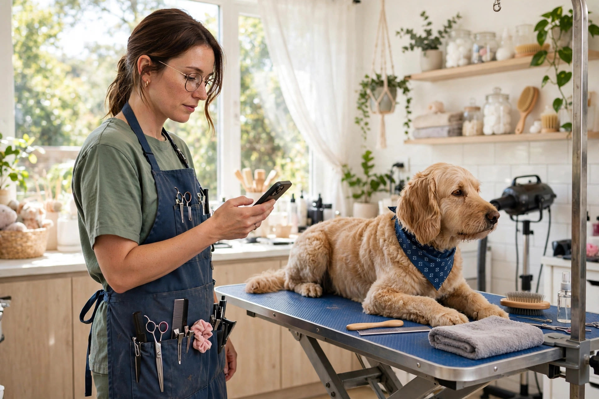 How Appointment Reminders Keep Grooming Tables Full Groomer checking a phone appointment reminder with a dog waiting on the grooming table
