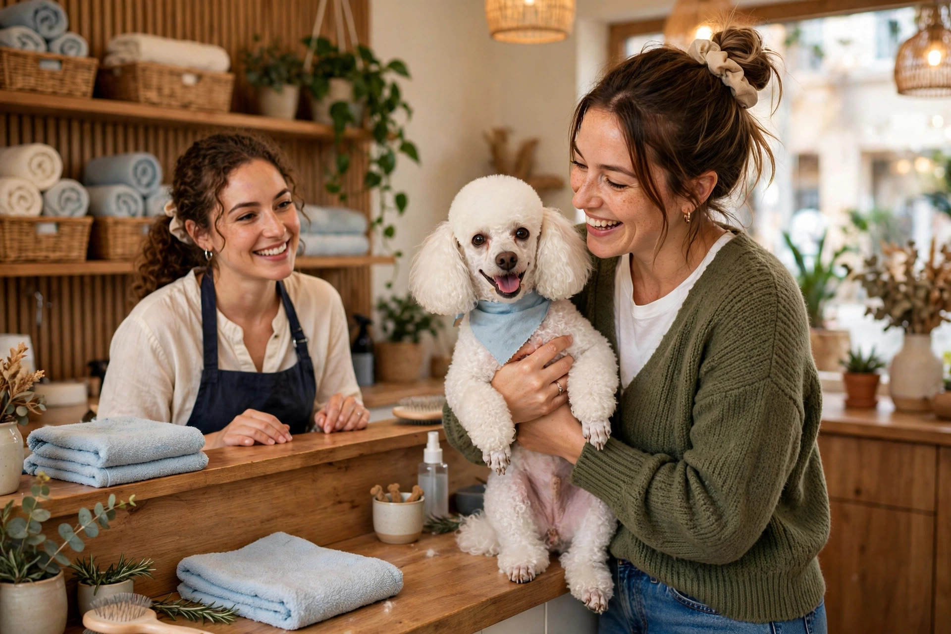 How Appointment Reminders Keep Grooming Tables Full Happy owner picking up a freshly groomed poodle at the salon front counter