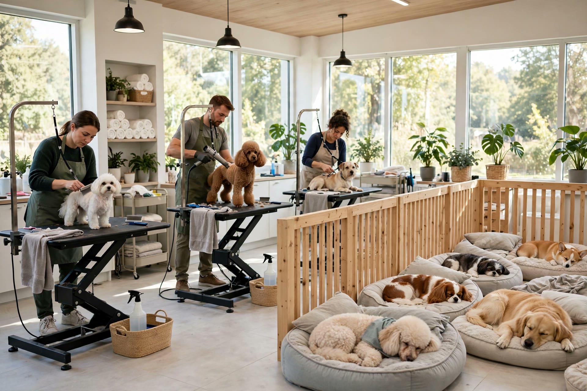 How Appointment Reminders Keep Grooming Tables Full Busy grooming salon with several groomed dogs in the care area