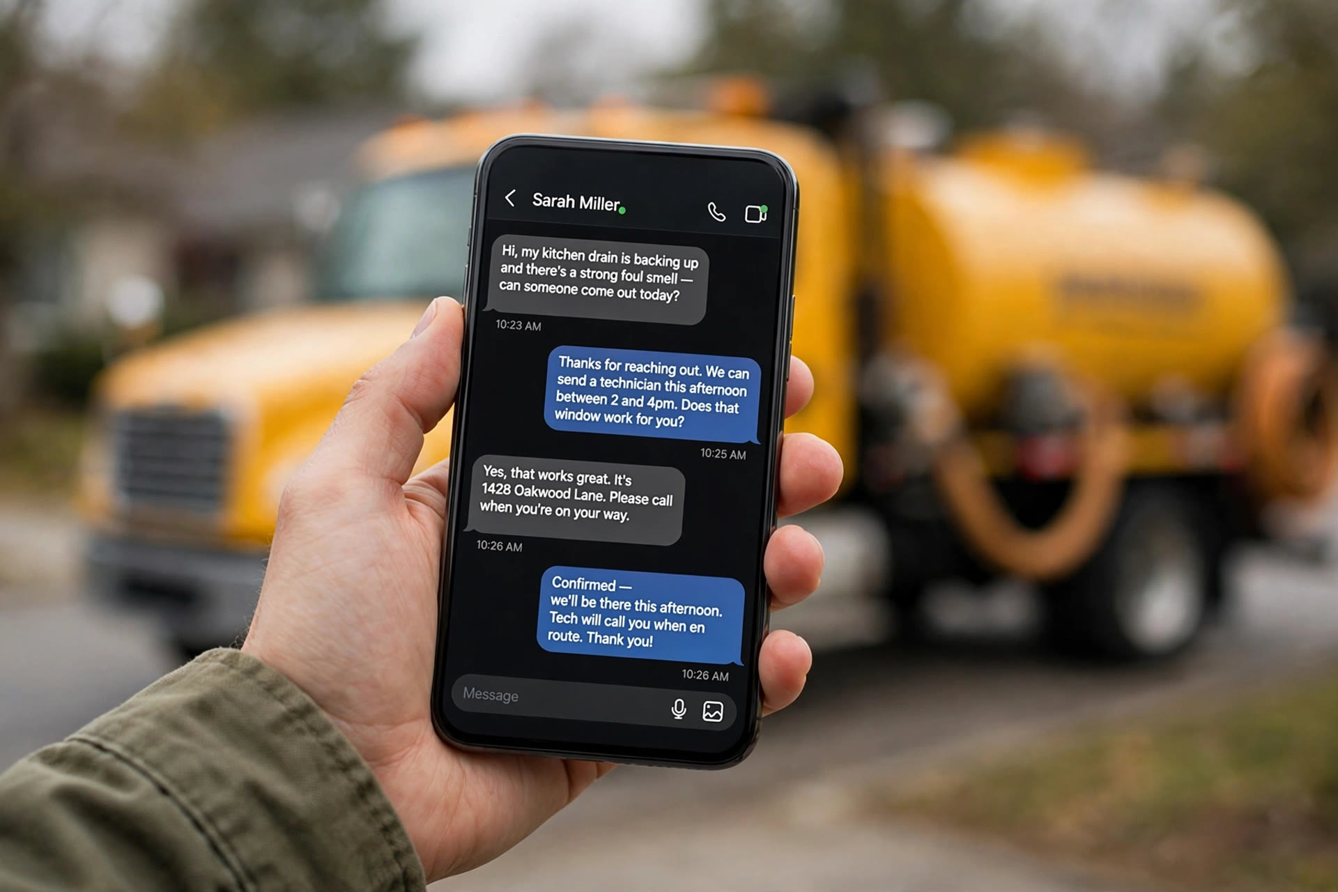 AI Chatbot for Septic Service Companies: Book Jobs While You Work Hand holding a smartphone showing a customer chat conversation with a septic service truck in the background