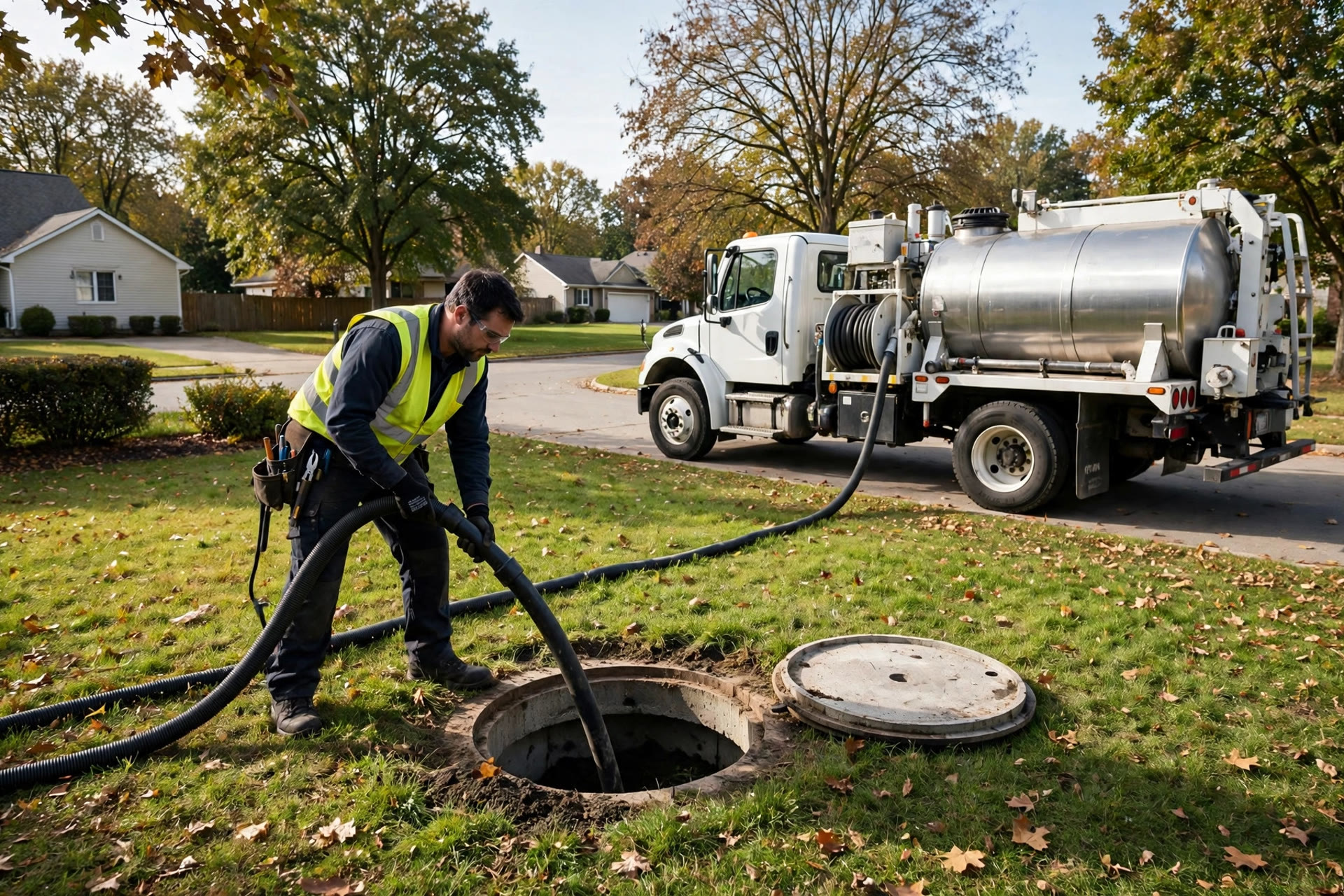 AI Chatbot for Septic Service Companies: Book Jobs While You Work Septic technician pumping a residential septic tank with a service truck in the yard