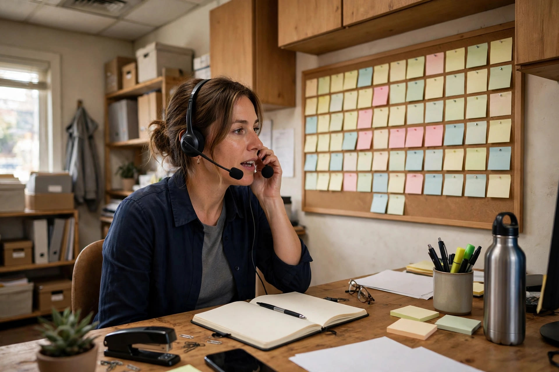AI Chatbot for Septic Service Companies: Book Jobs While You Work Office manager with a headset answering customer calls at a septic service company desk