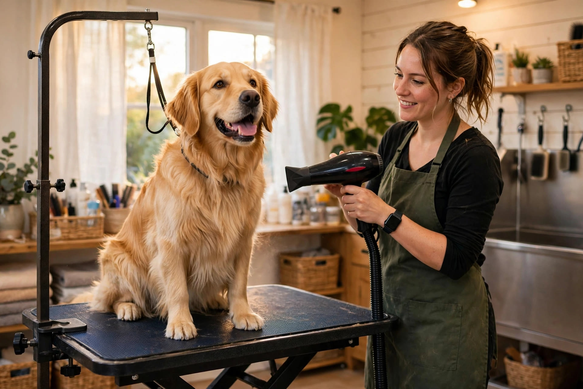 Dog groomer blow drying a happy golden retriever on a grooming table in a bright salon