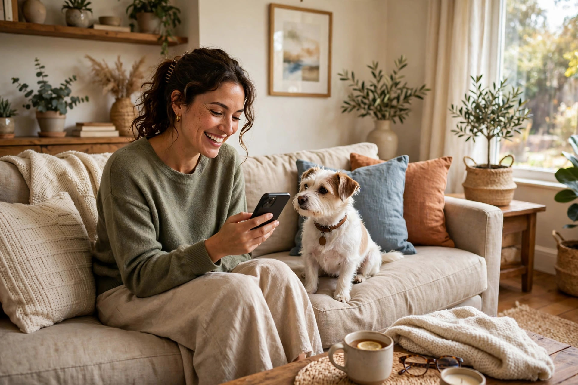 Woman reading a grooming appointment text message on her smartphone with her dog beside her