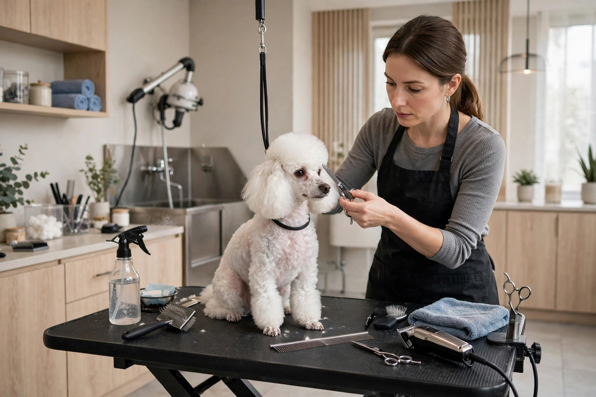 Professional groomer trimming a small white poodle in a modern pet salon