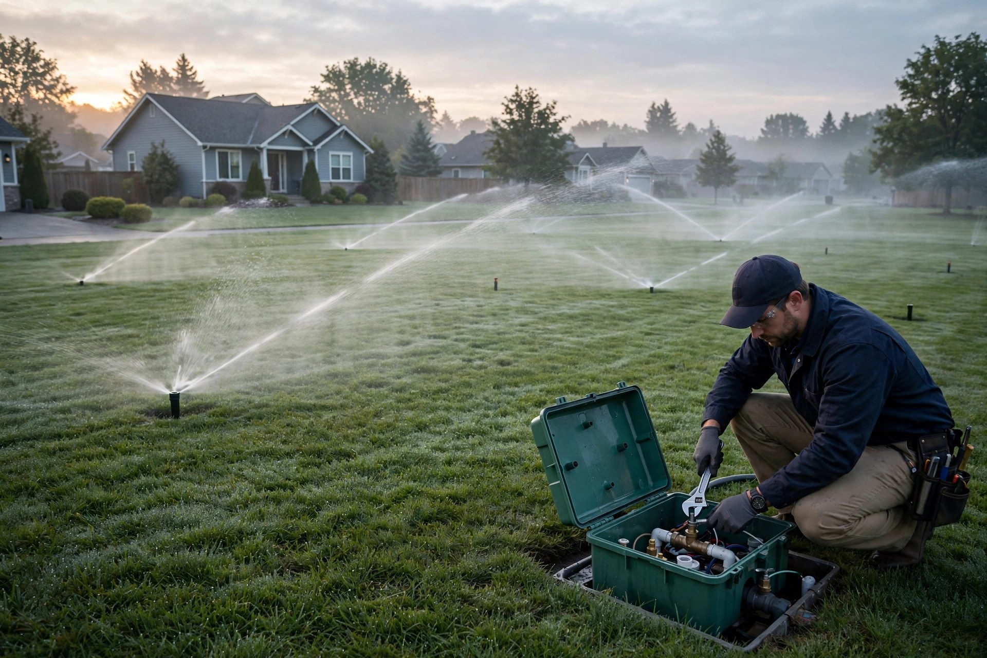 Technician starting up a residential sprinkler system at dawn with water spraying from pop up heads