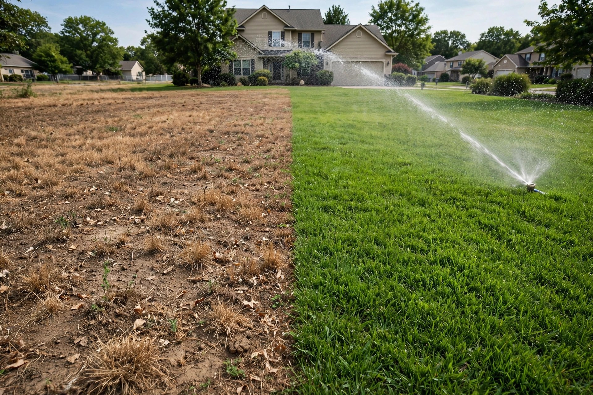 A lawn split in half showing dry brown grass on one side and lush green grass on the other with a sprinkler running