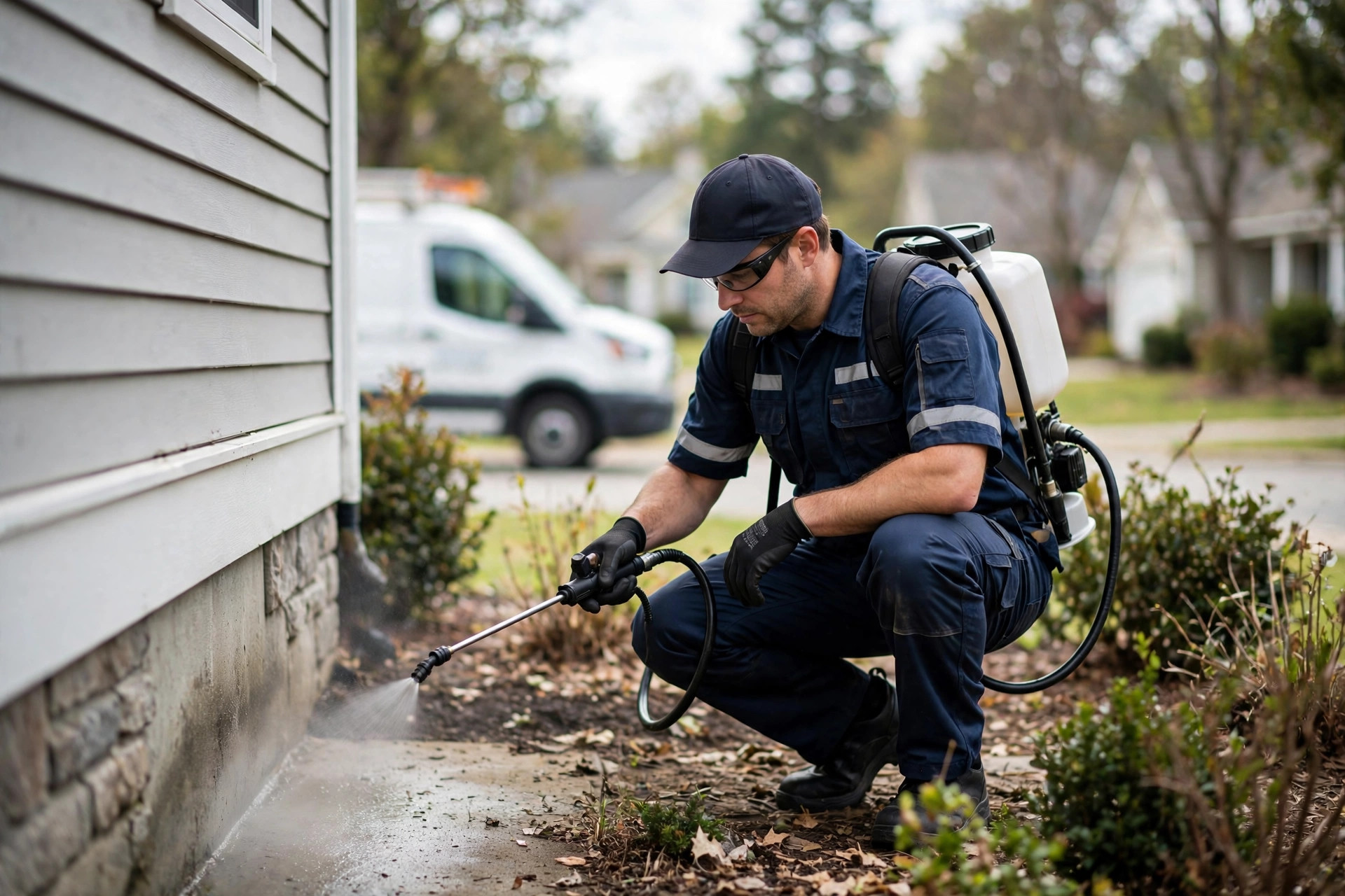 Missed Call Text Back for Pest Control: Catch Panic Callers Before They Dial the Next Company Pest control technician treating the exterior foundation of a house