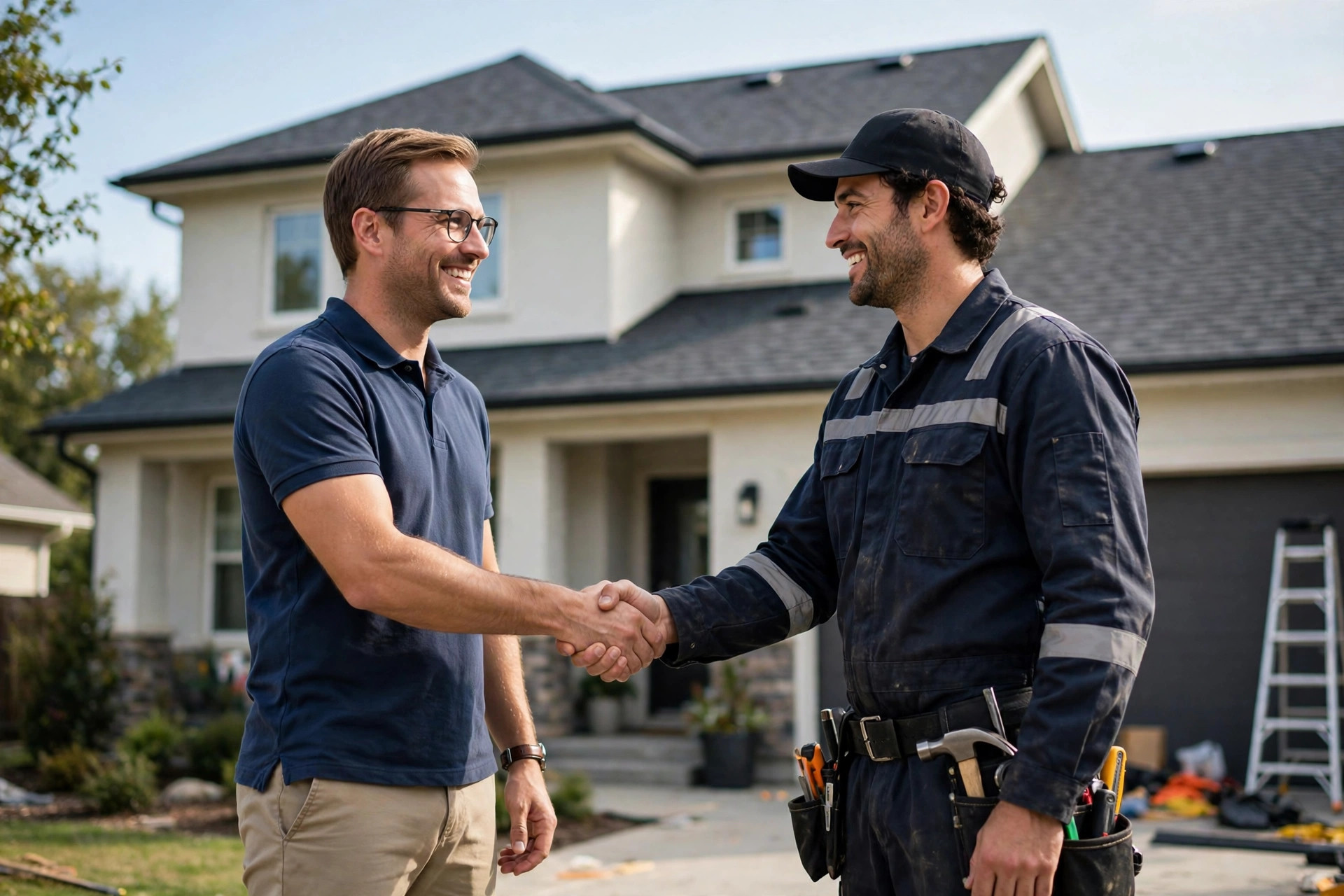 How to Get More Google Reviews for Your Roofing Company Homeowner shaking hands with a roofer in front of a new roof