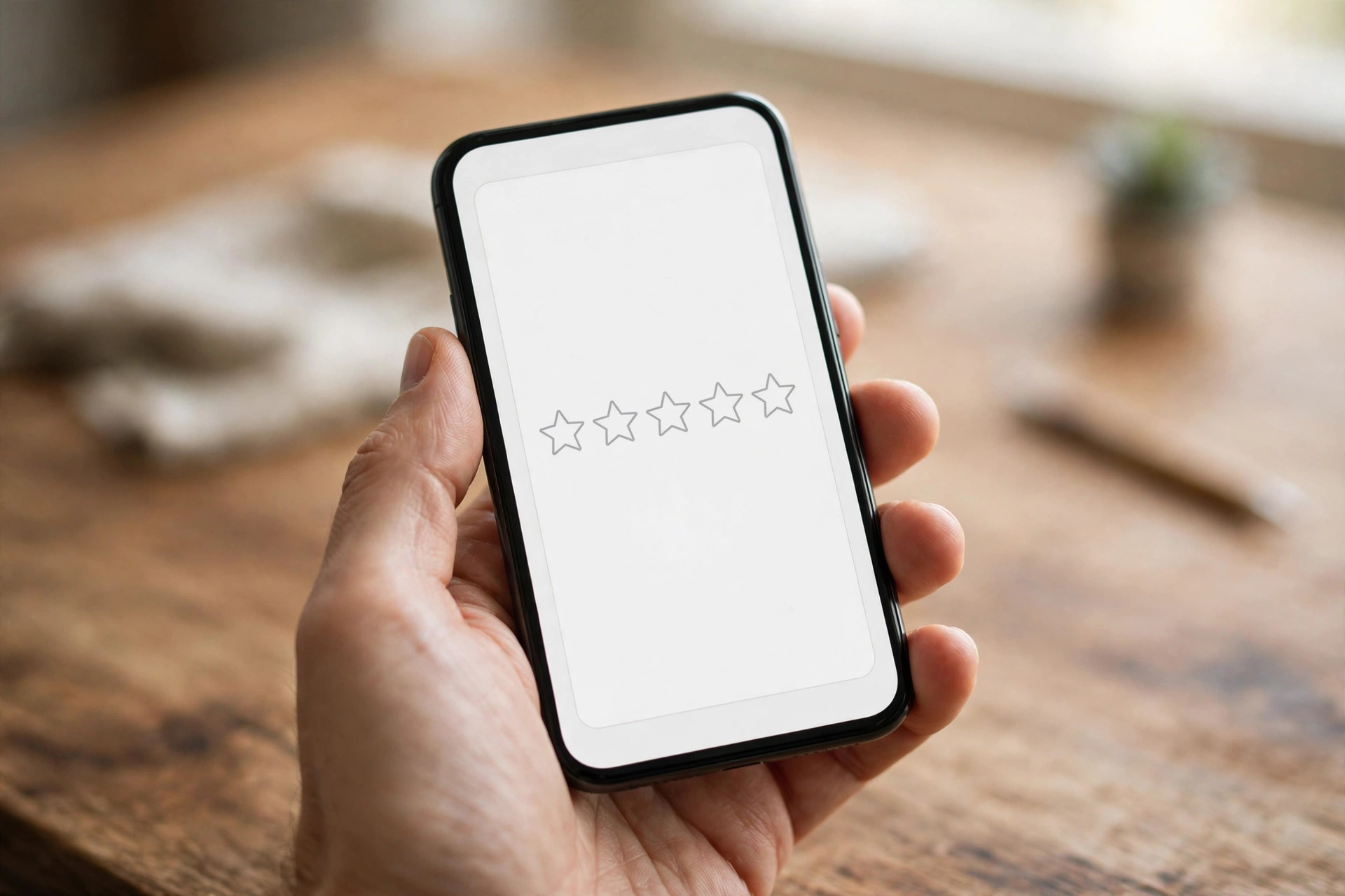How to Get More Google Reviews for Your Law Firm Hand holding a smartphone showing a simple review request screen with a star rating on an office desk