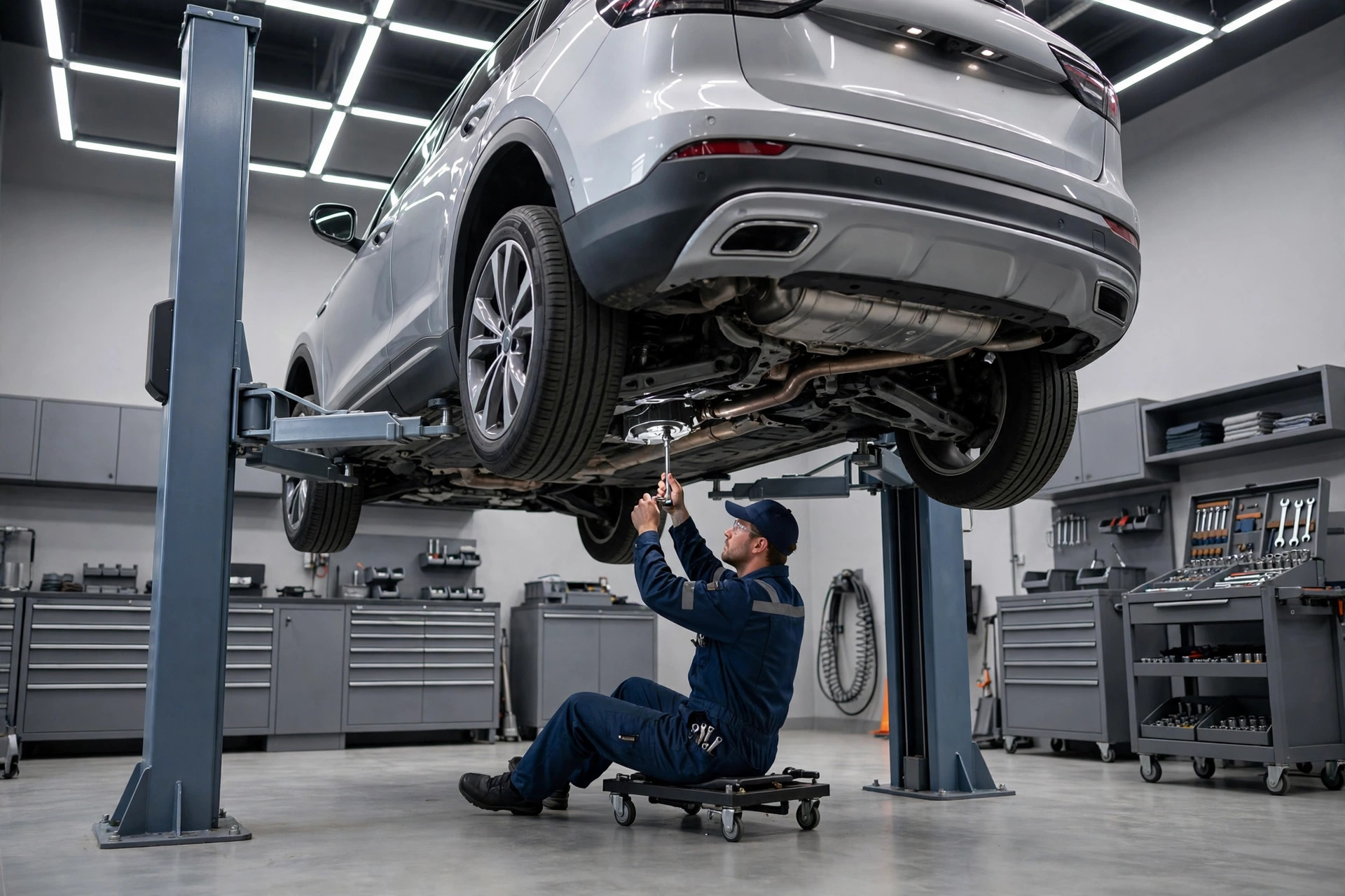 Car raised on a hydraulic lift in a spotless modern auto repair shop with a mechanic working underneath