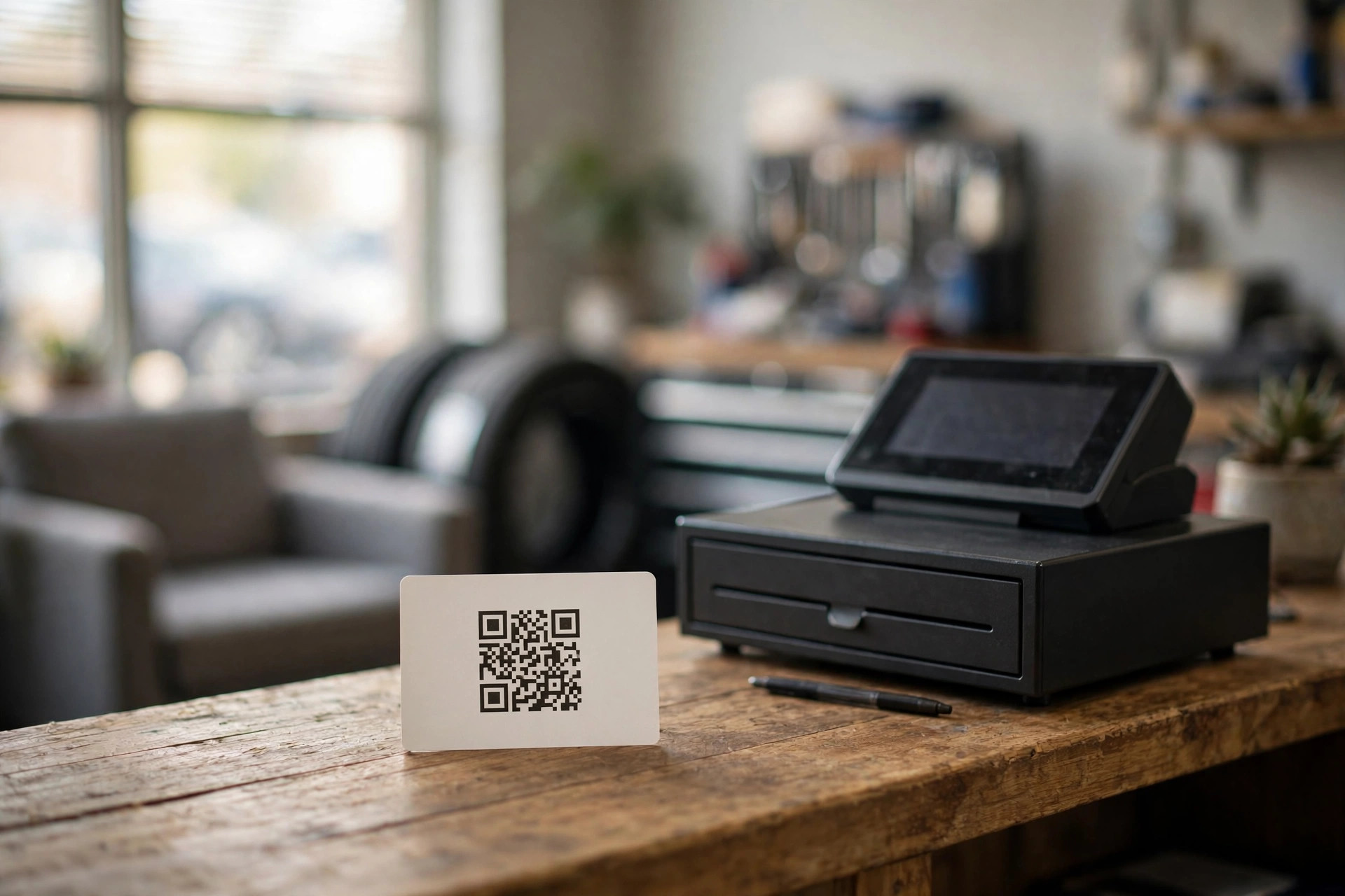 Review request card with a QR code on an auto repair shop counter next to the register