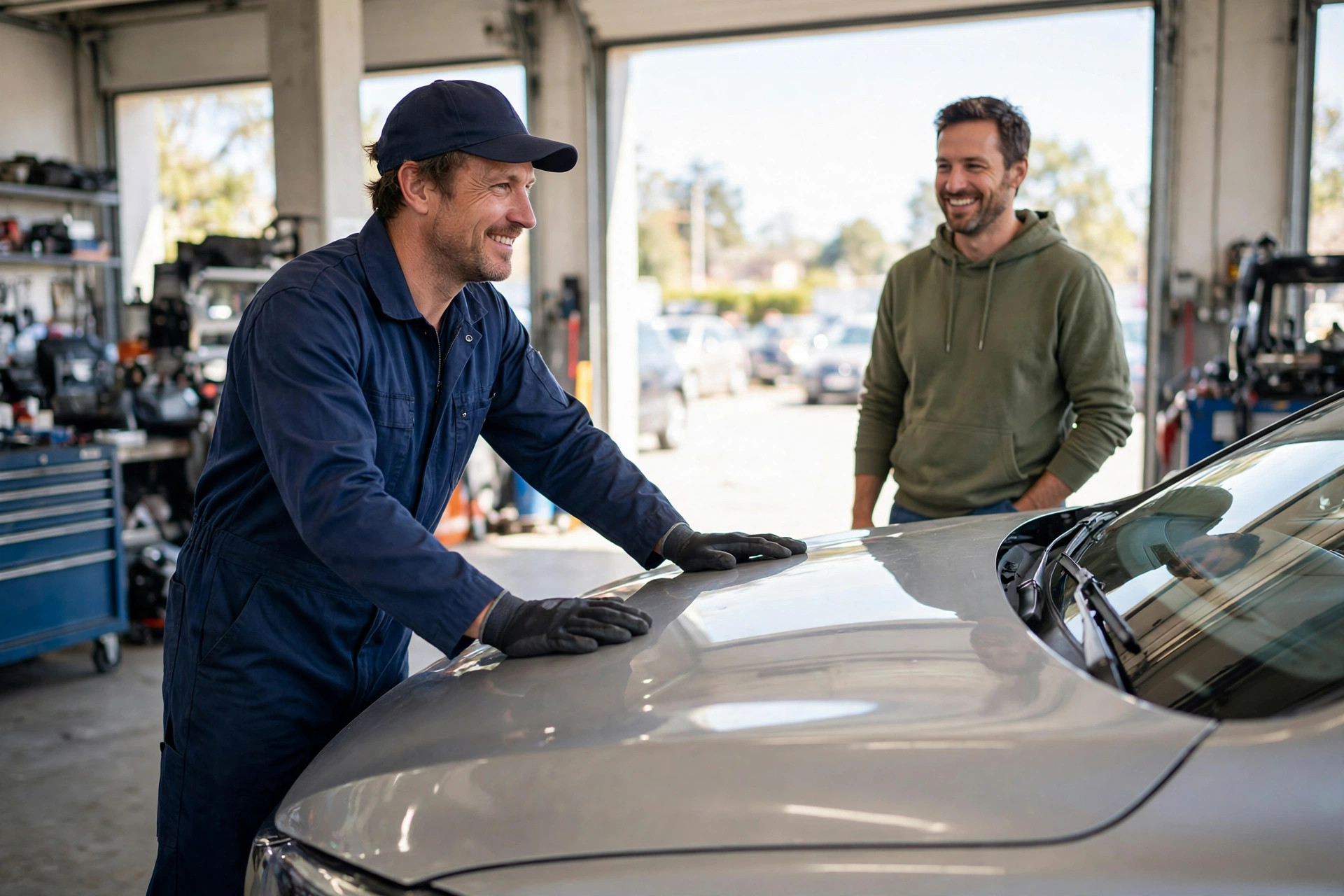 Mechanic closing the hood of a repaired car while a smiling customer stands nearby in a bright repair bay