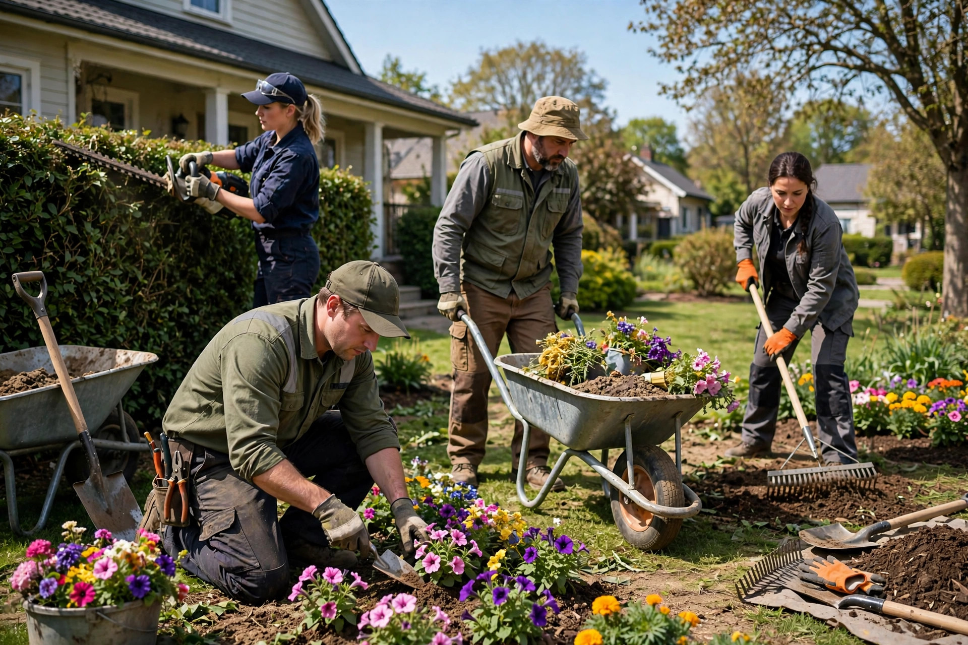 Landscaping crew in work uniforms planting flowers and trimming hedges at a residential property