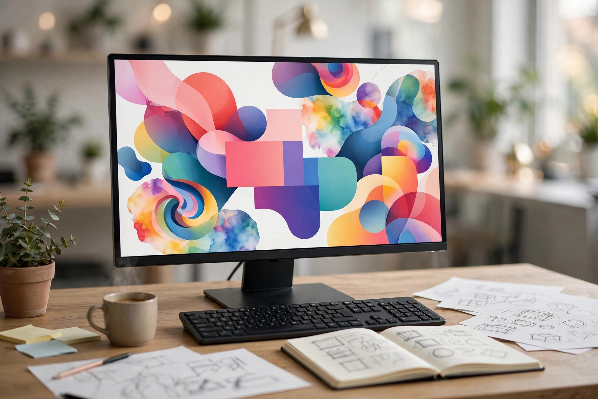 Web designer desk with a large monitor showing a colorful website mockup, keyboard and sketches