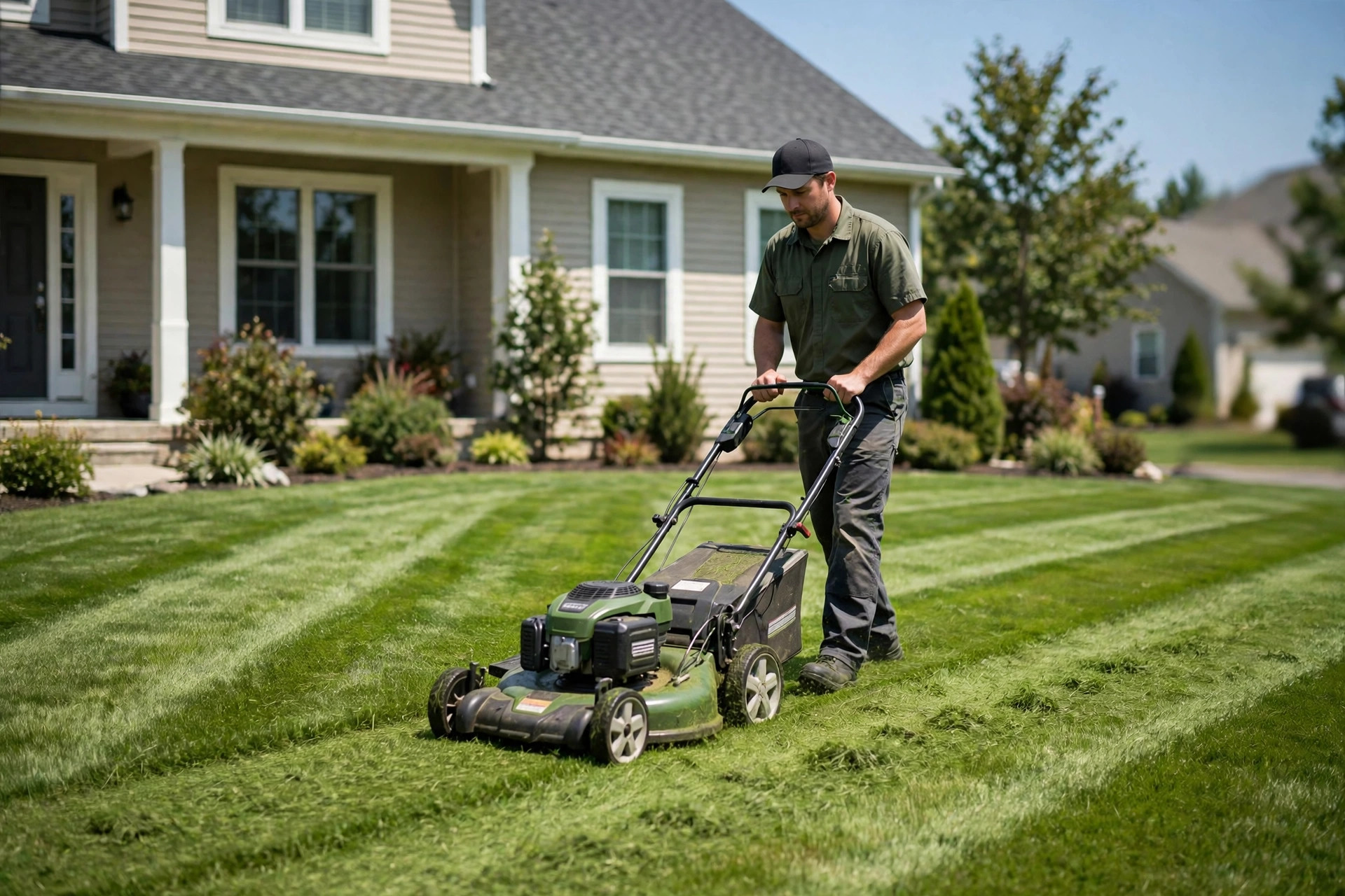 Landscaper mowing a striped green lawn in front of a suburban home in bright daylight