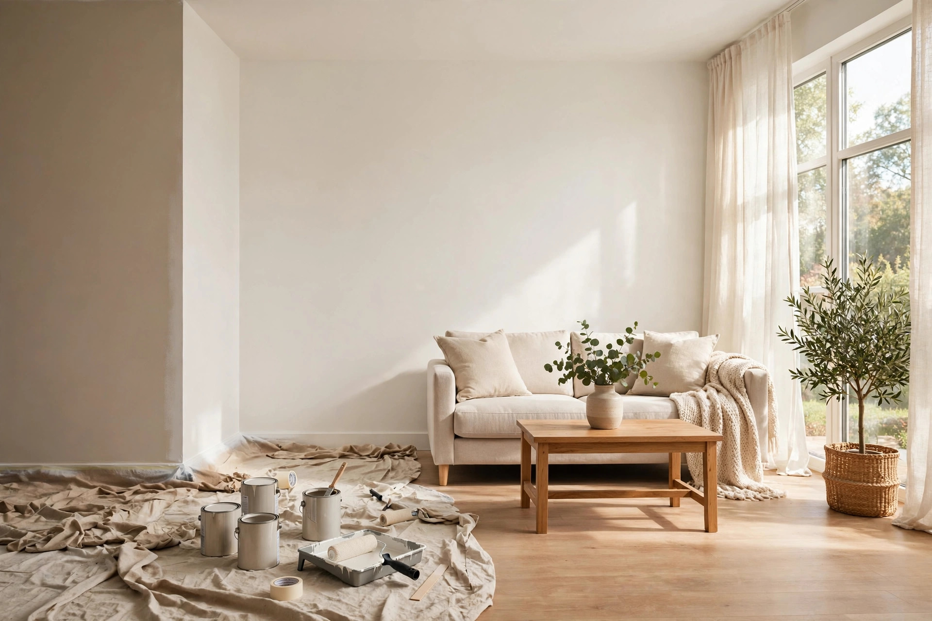 How Much Does a Painting Company Website Cost? A Plain Pricing Breakdown Freshly painted living room interior with painter drop cloths and paint cans showing a before and after transformation