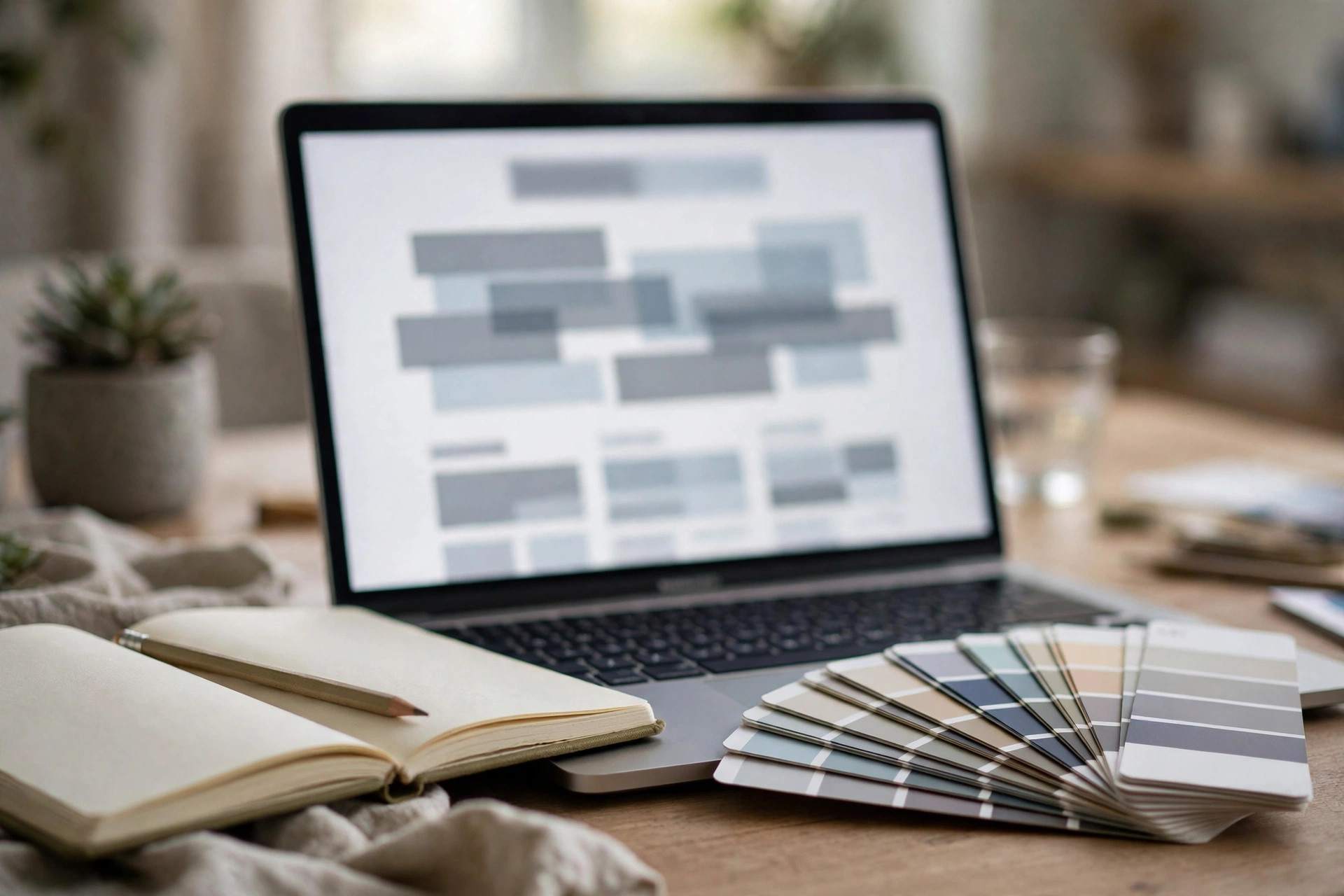 How Much Does a Painting Company Website Cost? A Plain Pricing Breakdown Web designer desk with a laptop showing a painting company website mockup, color swatches and a notebook beside it