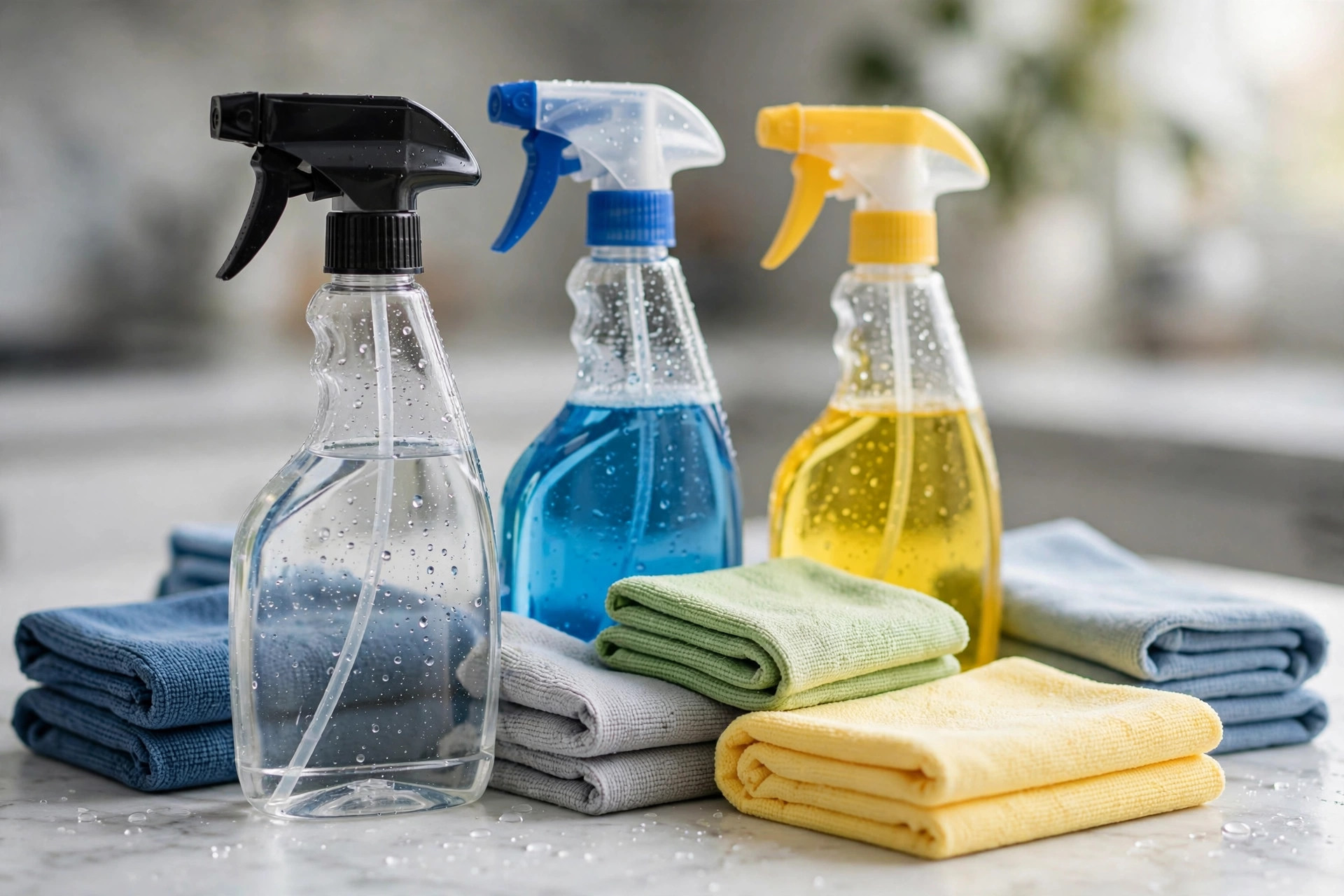 How Much Does a Cleaning Company Website Cost? A Plain Pricing Breakdown Close-up of professional cleaning supplies with spray bottles and folded microfiber cloths on a bright countertop