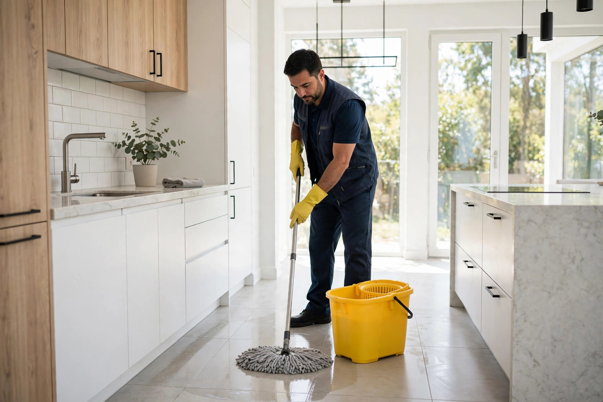 How Much Does a Cleaning Company Website Cost? A Plain Pricing Breakdown Professional cleaner mopping a bright modern kitchen floor with a cleaning bucket nearby