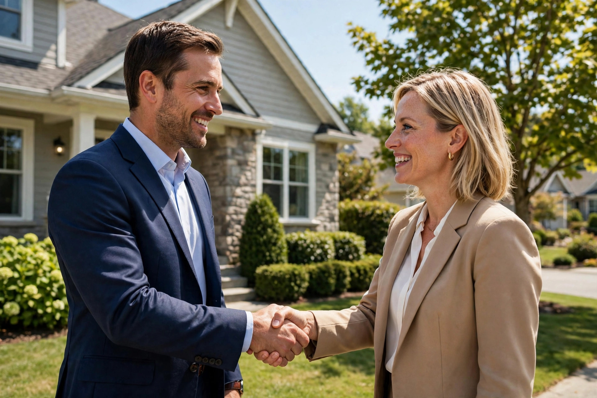 Insurance Agency Marketing Ideas That Actually Bring In Clients Insurance agent shaking hands with a real estate agent in front of a suburban house on a sunny day