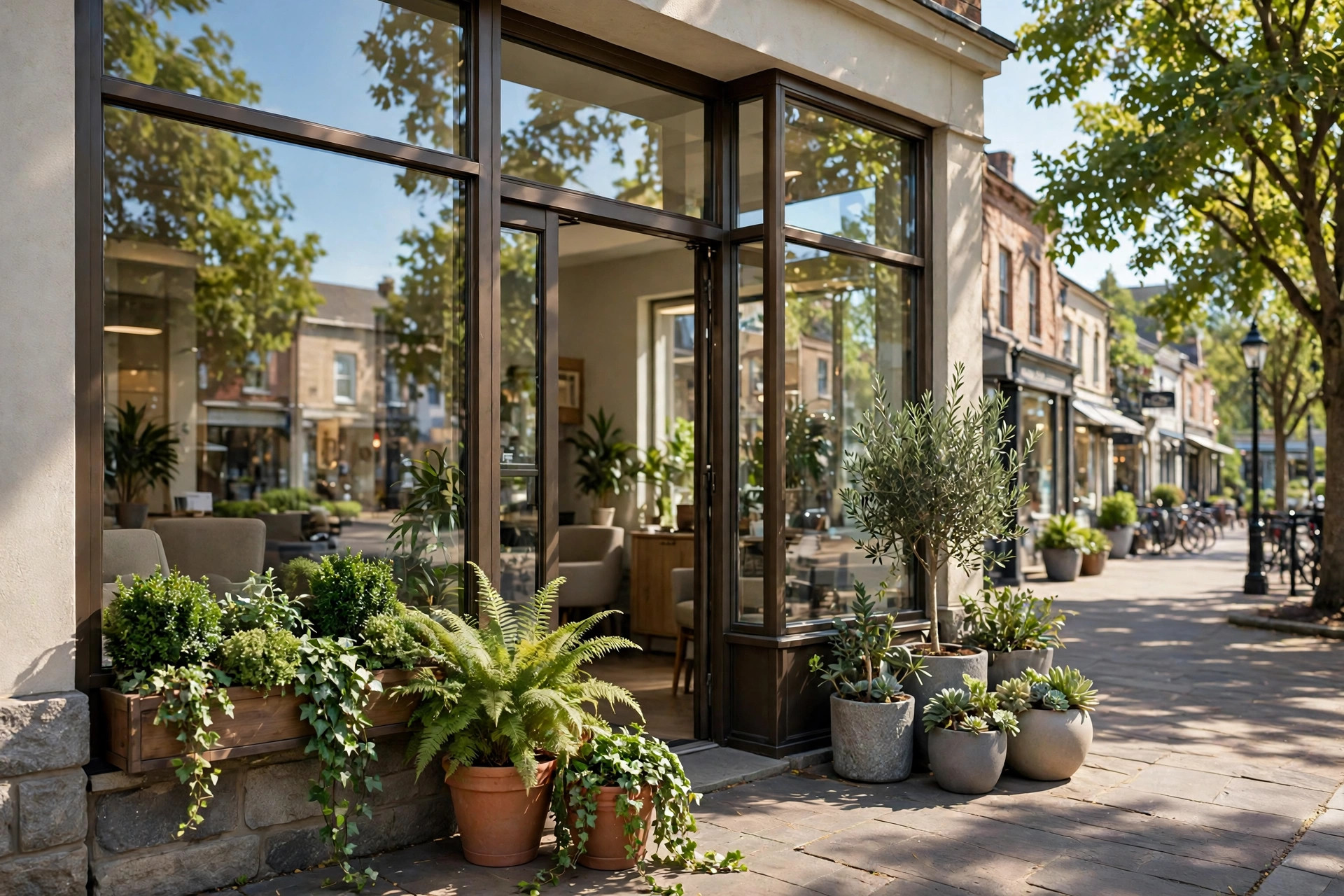 Insurance Agency Marketing Ideas That Actually Bring In Clients Small insurance agency storefront with large glass windows on a pleasant main street during the day