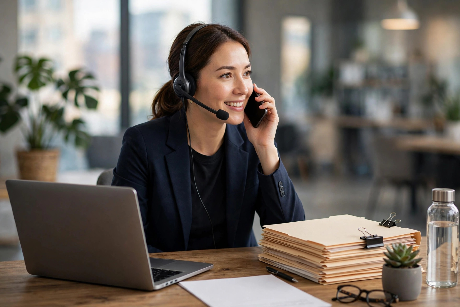 Insurance Agency Marketing Ideas That Actually Bring In Clients Insurance agent wearing a headset speaking on the phone in a modern office with a laptop and organized documents