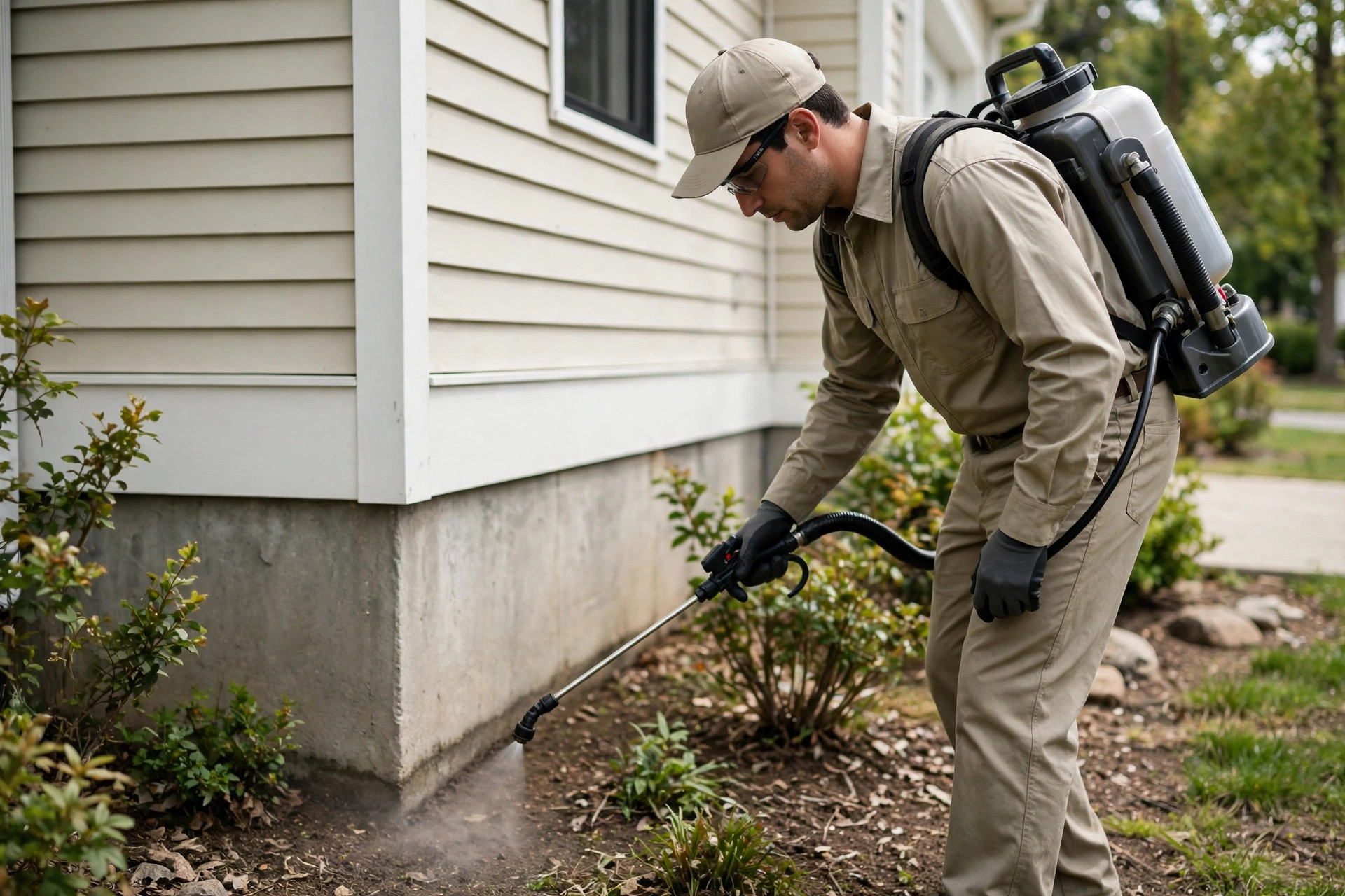 Pest Control Marketing Ideas That Fill the Schedule Uniformed pest control technician treating the exterior foundation of a suburban home with a professional sprayer