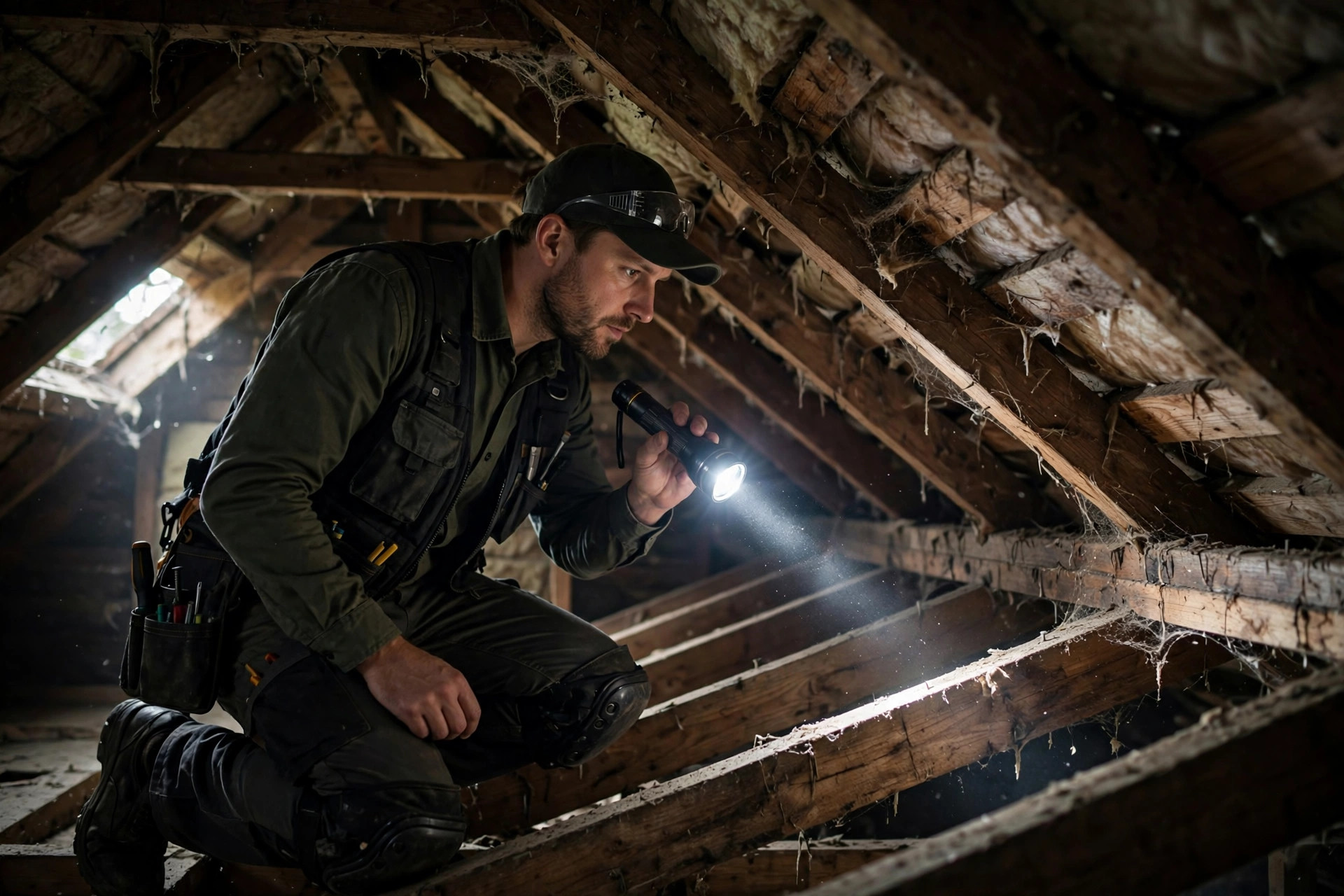 Pest Control Marketing Ideas That Fill the Schedule Pest control technician with a flashlight inspecting a residential attic with wooden beams