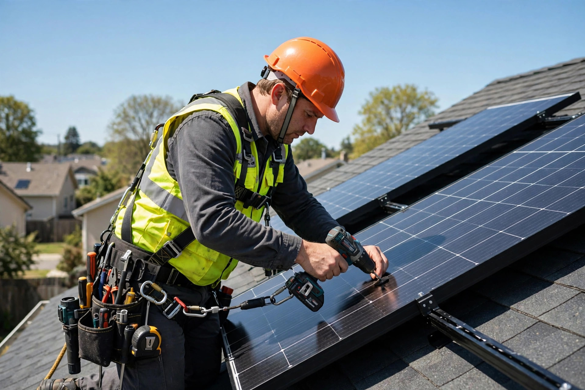 Solar installer in a hard hat securing a panel on a residential rooftop in bright daylight