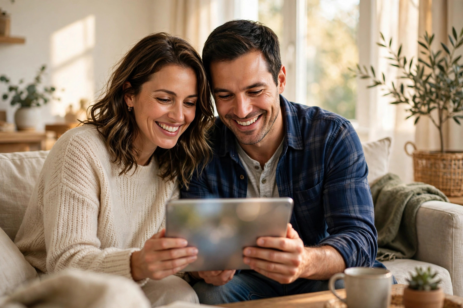 Homeowner couple reviewing a solar savings estimate on a tablet in a bright living room