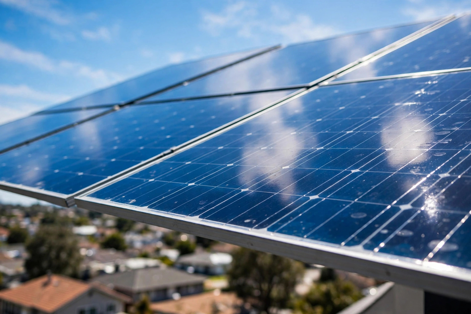 Close-up of gleaming rooftop solar panels reflecting a clear blue sky above a suburban neighborhood