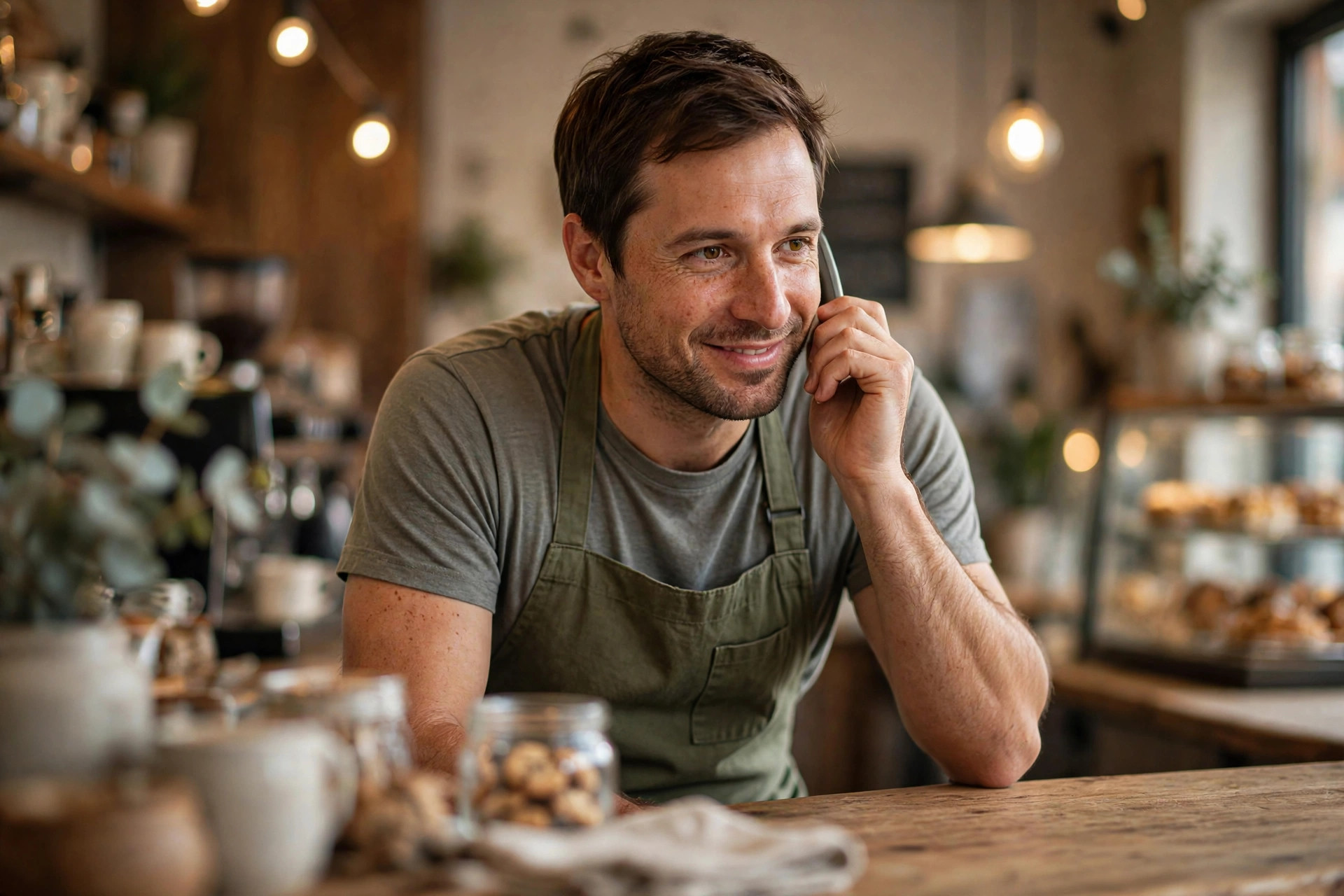 Best AI Phone System for Small Business: What Actually Matters Small business owner answering a ringing phone at a shop counter
