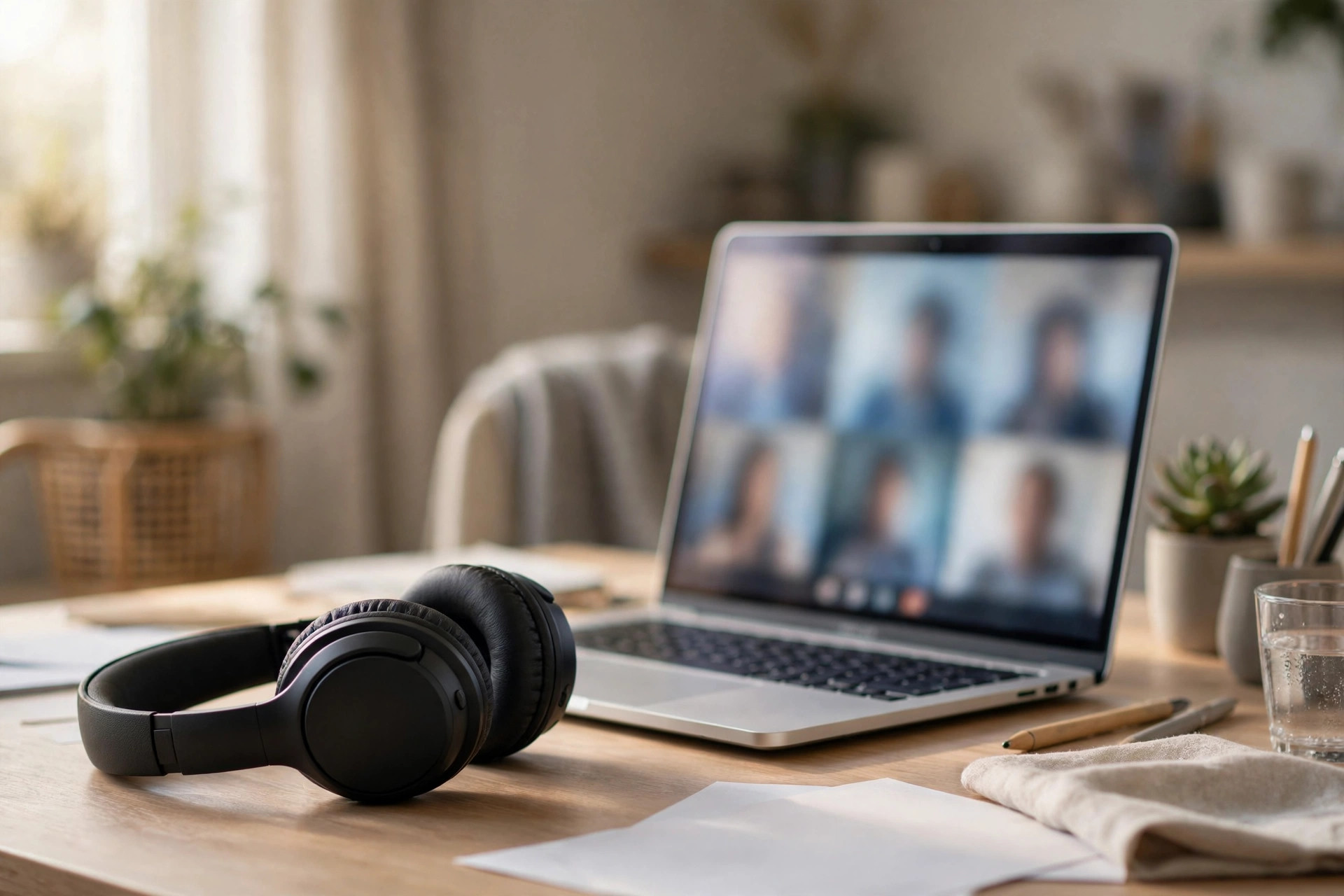 Best AI Phone System for Small Business: What Actually Matters Wireless headset resting on a desk next to an open laptop in a home office