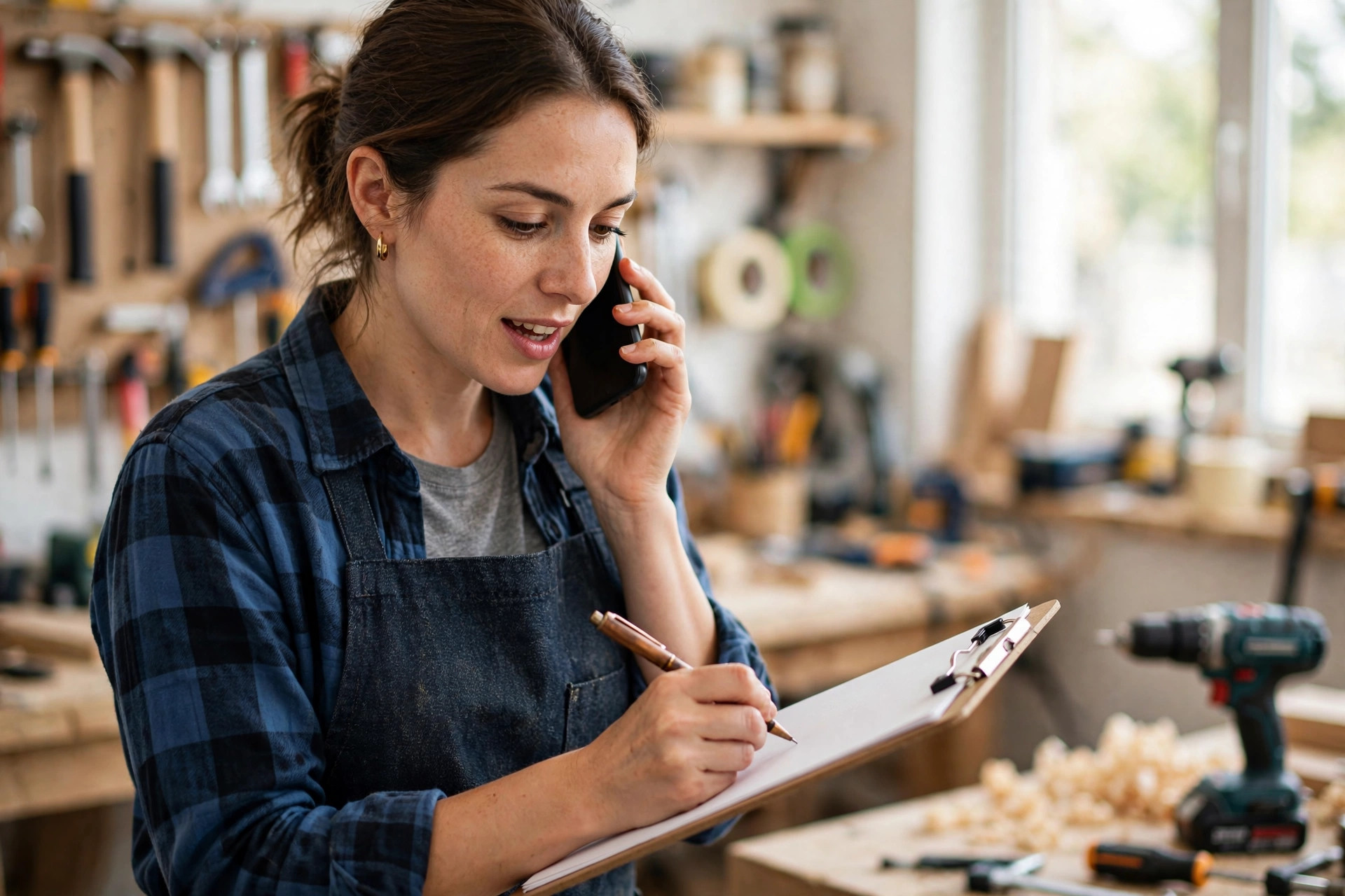Best AI Phone System for Small Business: What Actually Matters Small business owner taking notes on a clipboard while talking on the phone in a workshop