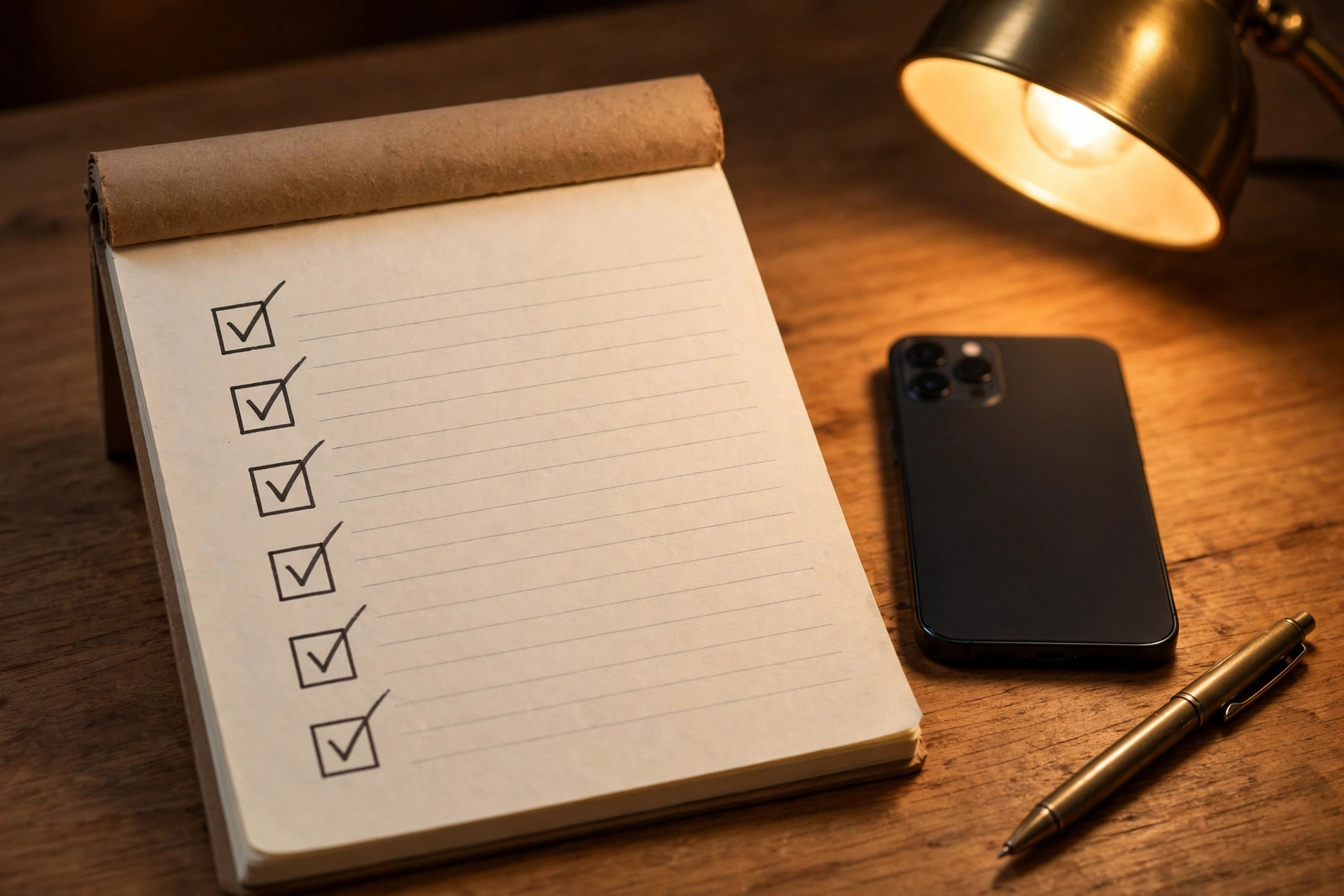 Open checklist notepad with checkmarks next to a smartphone on a wooden desk