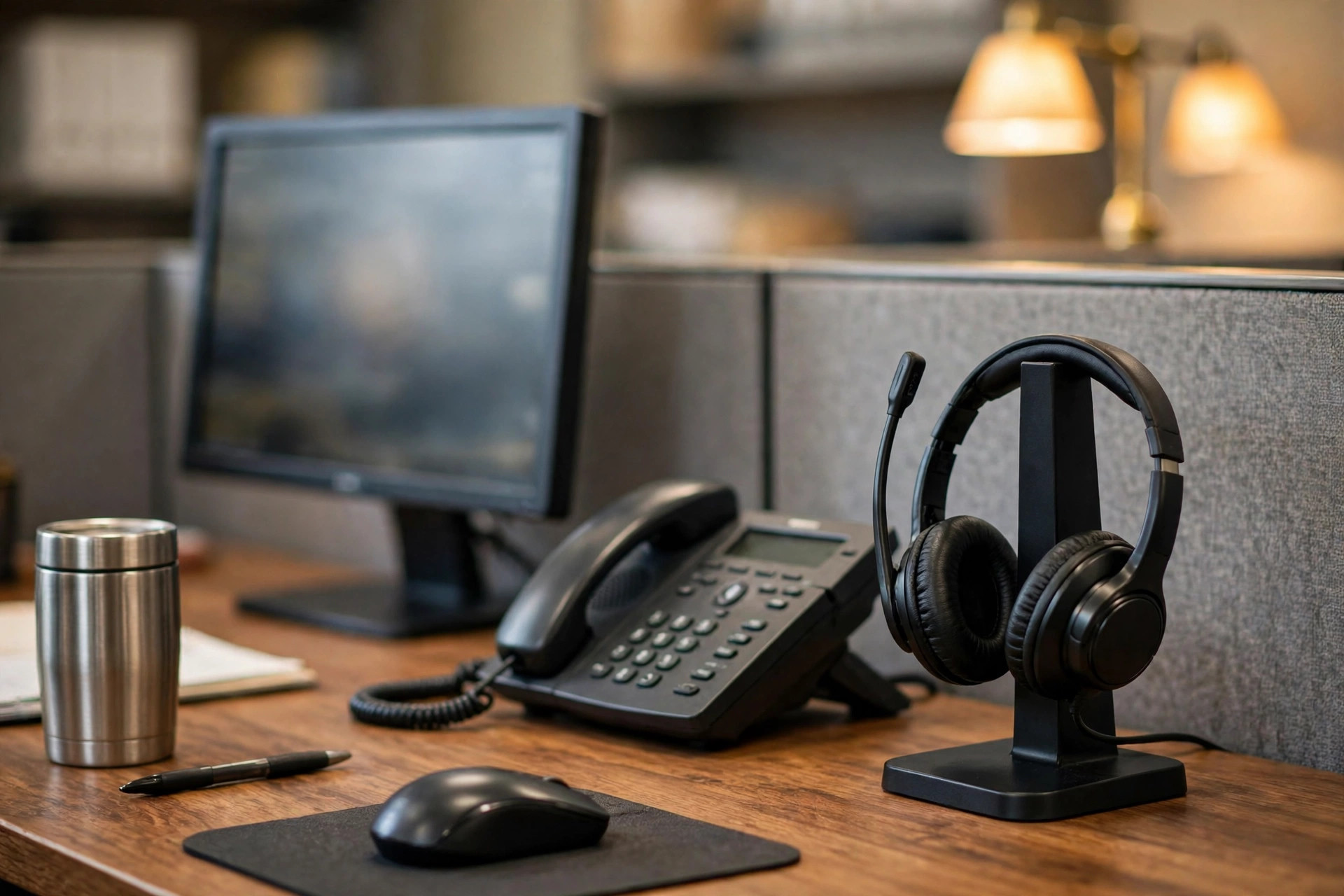 Call center style desk with a professional headset, telephone, and computer monitor