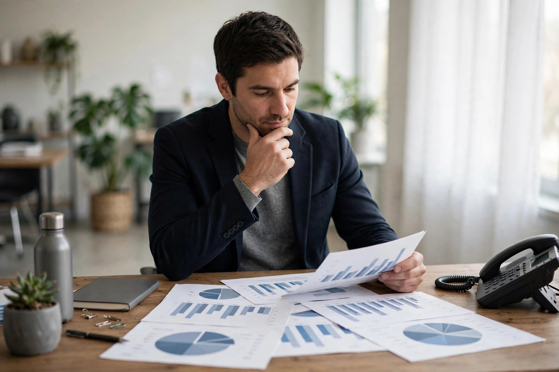 Manager reviewing printed call reports and charts at a desk with a phone nearby