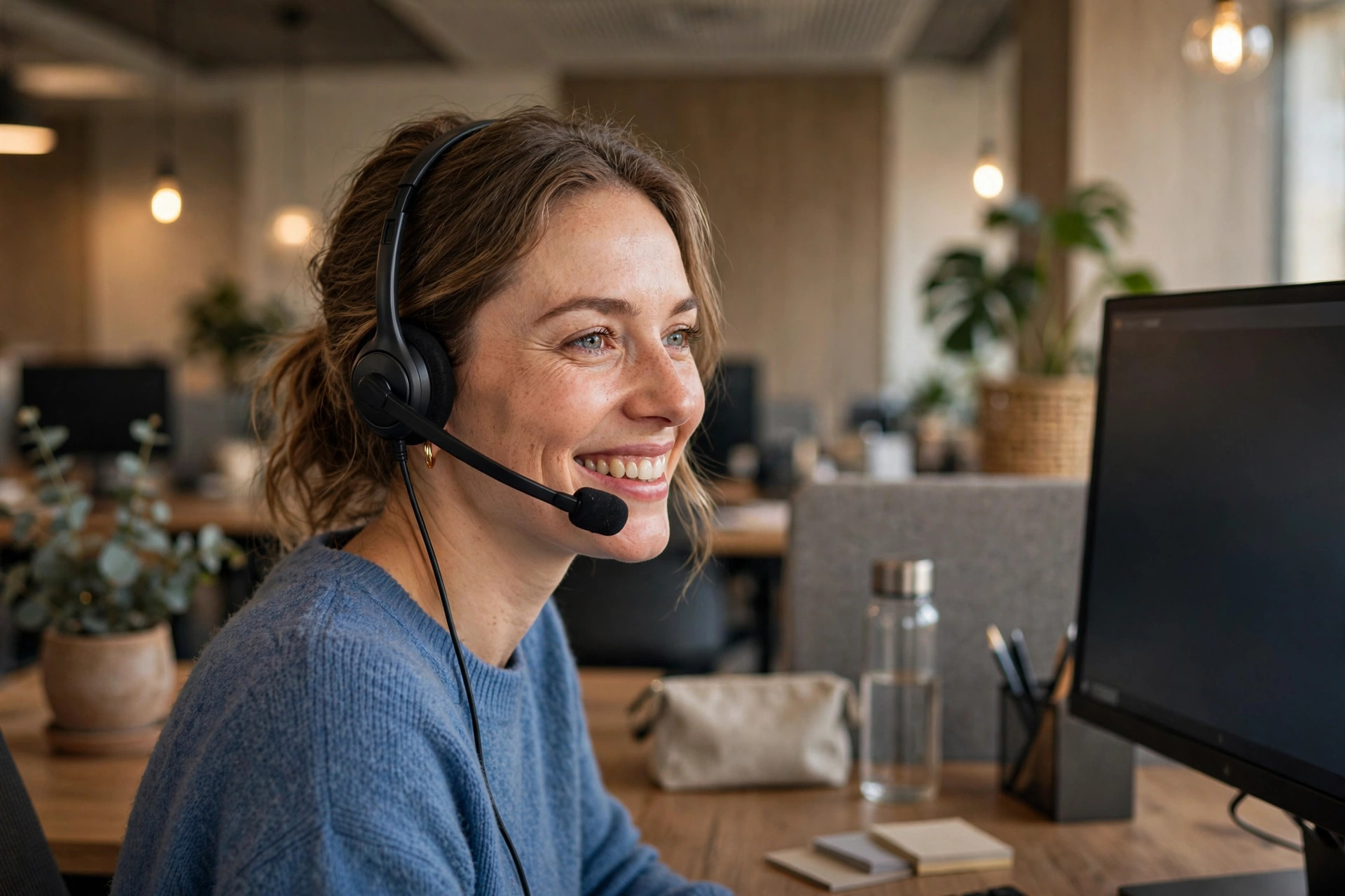 AI Chatbot vs Live Chat: Which One Should Your Business Use? Friendly customer service representative wearing a headset and smiling at a computer screen