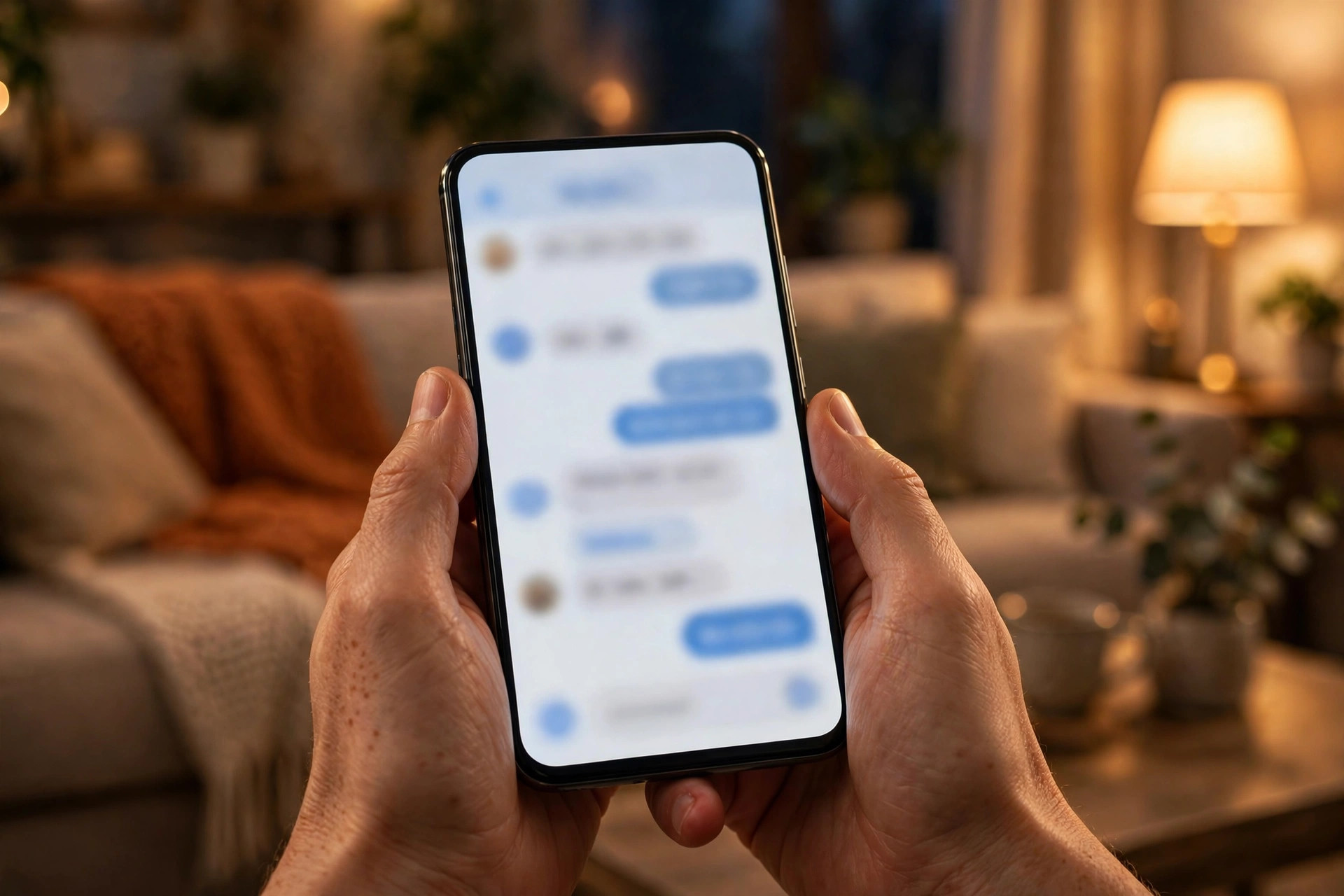 AI Chatbot vs Live Chat: Which One Should Your Business Use? Hands holding a smartphone showing a messaging app with blurred chat bubbles in the evening