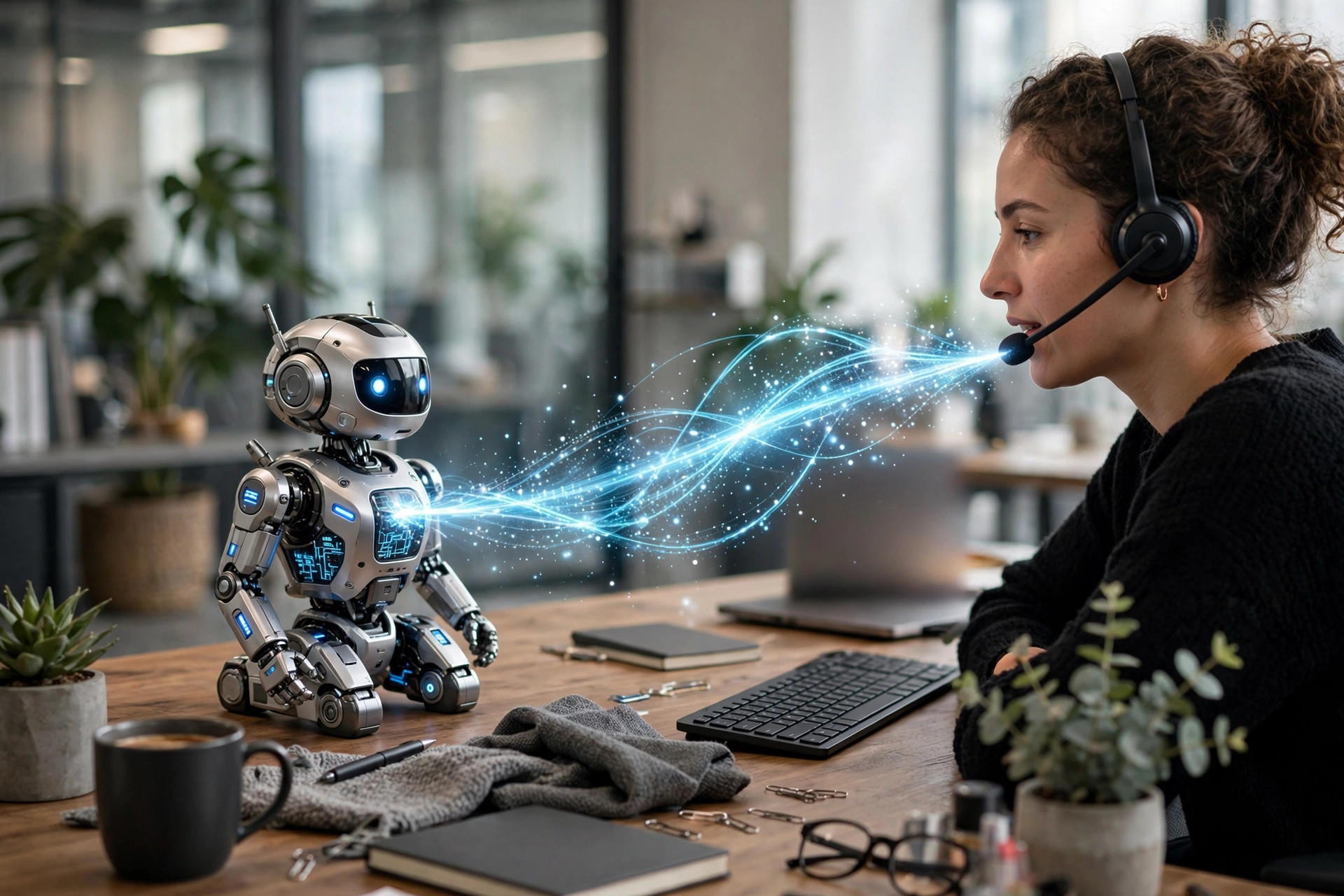 AI Chatbot vs Live Chat: Which One Should Your Business Use? Split concept of a futuristic assistant figurine and a person with a headset connected by a glowing light bridge