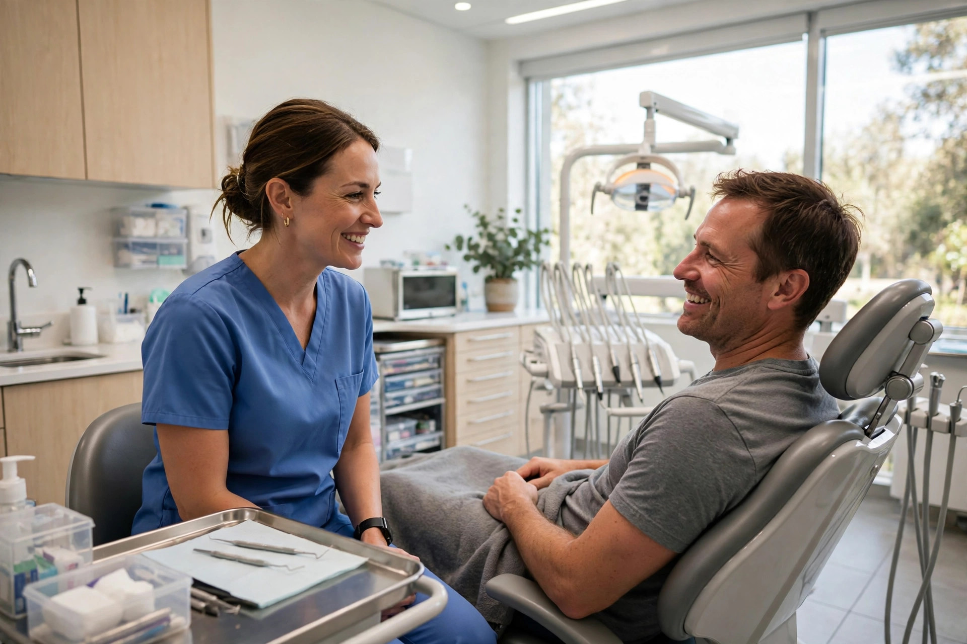 A dentist consulting with a smiling patient in a bright treatment room