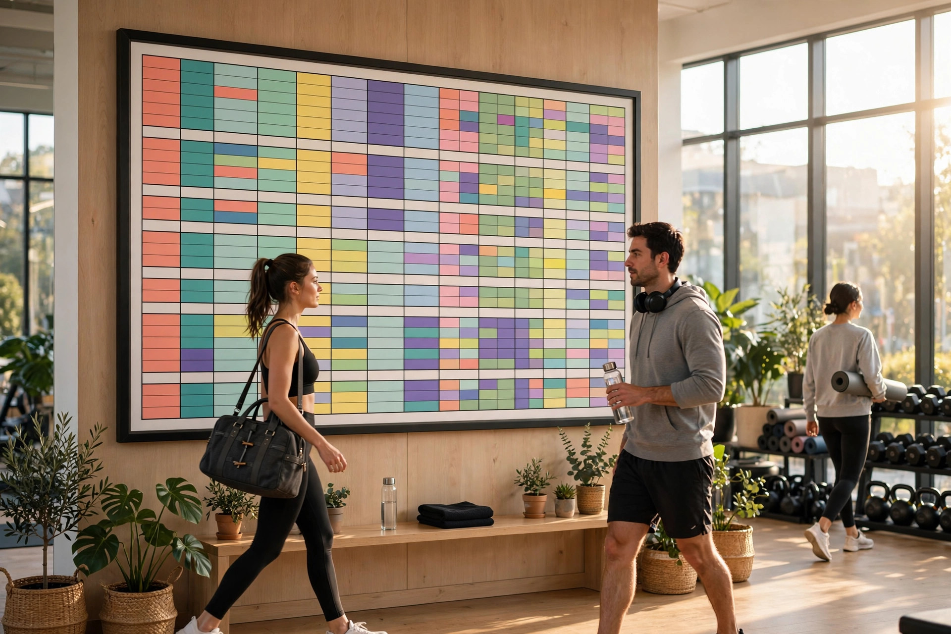 A wall-mounted schedule board inside a modern fitness studio