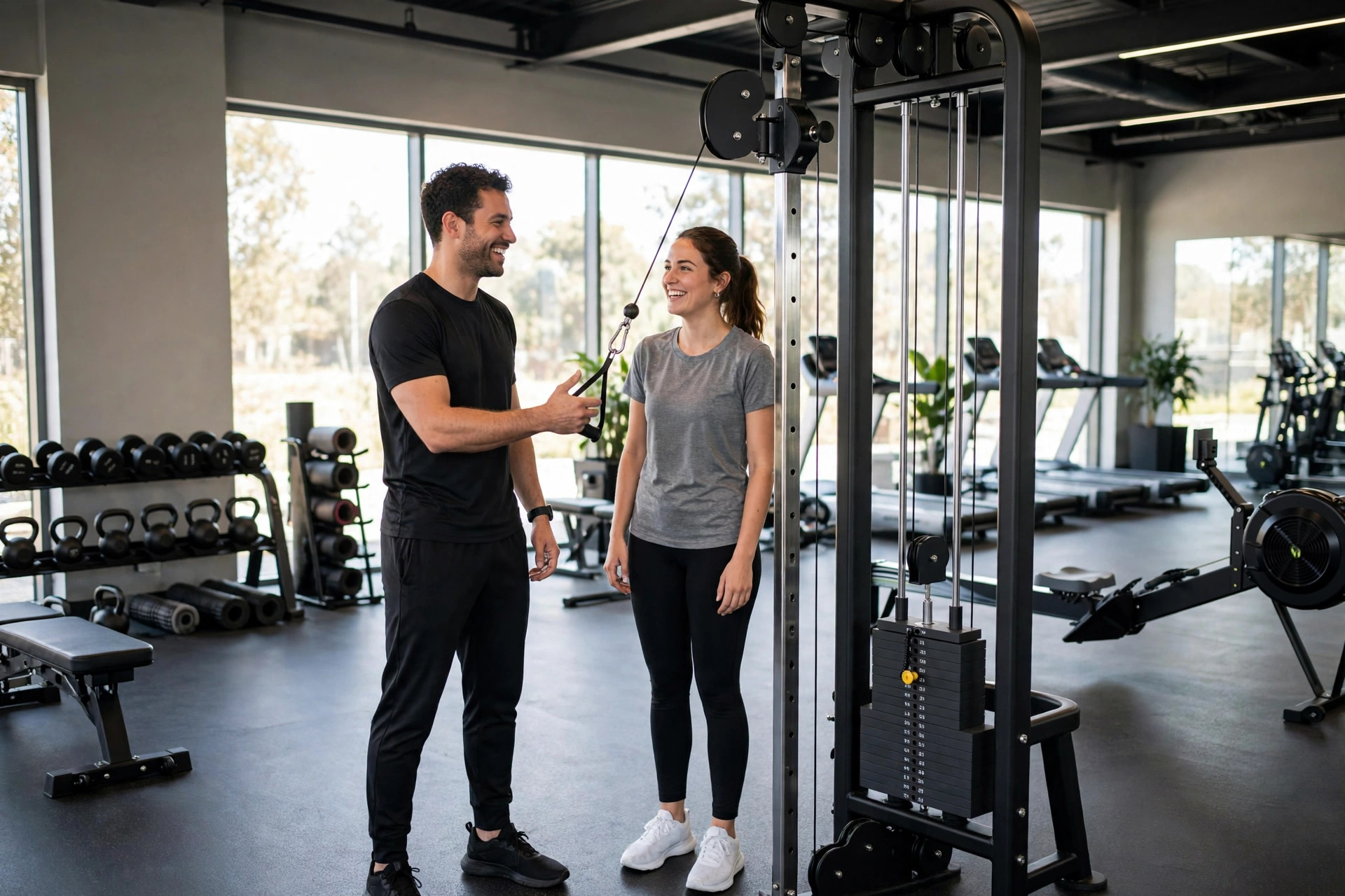 A personal trainer guiding a new member on the gym floor