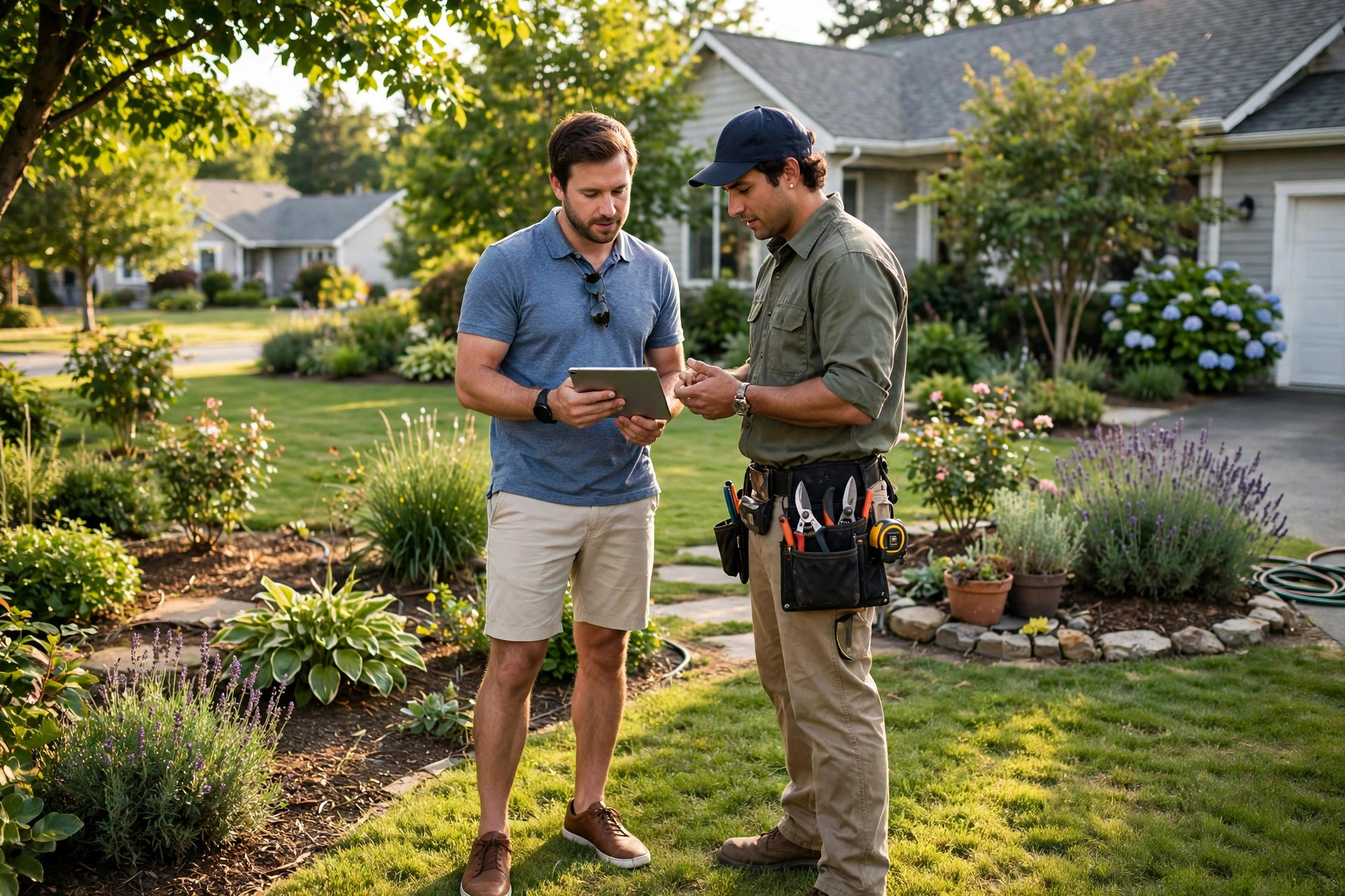 AI Chatbot for Landscaping Companies: Instant Quotes That Book Site Visits A homeowner reviewing a landscaping quote on a tablet with a landscaper