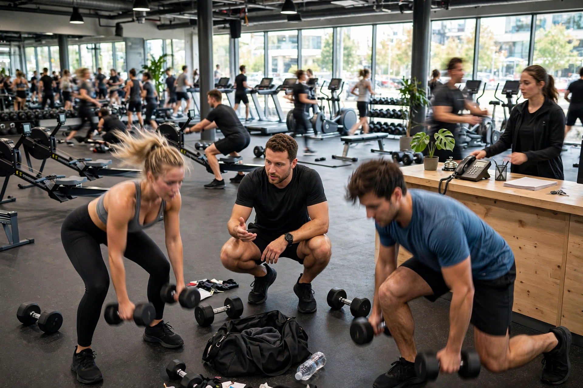AI Receptionist for Gyms: Answering Calls When You're Coaching A coach training clients while a phone rings at the gym front desk