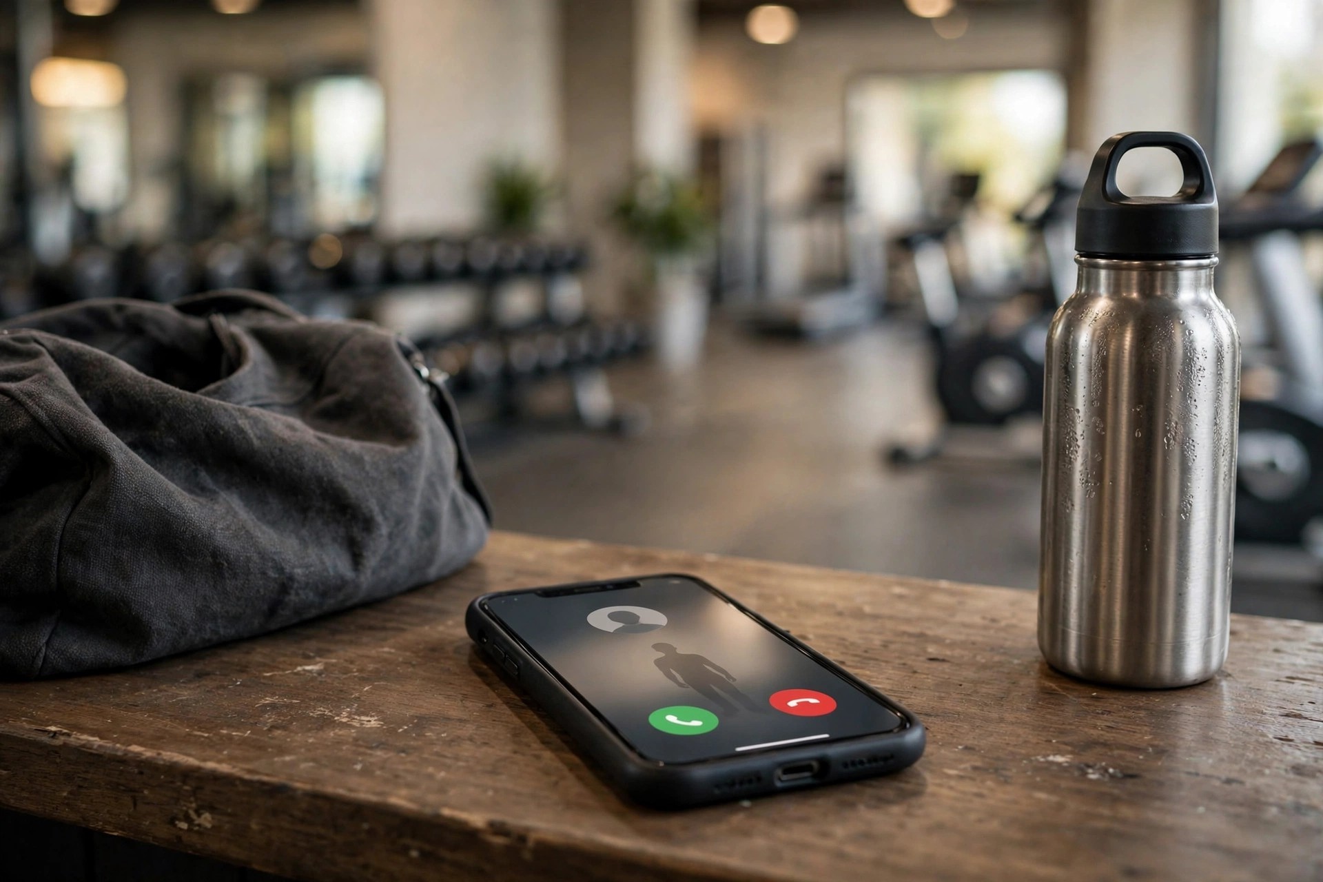 AI Receptionist for Gyms: Answering Calls When You're Coaching A smartphone showing an incoming call on the gym front desk counter